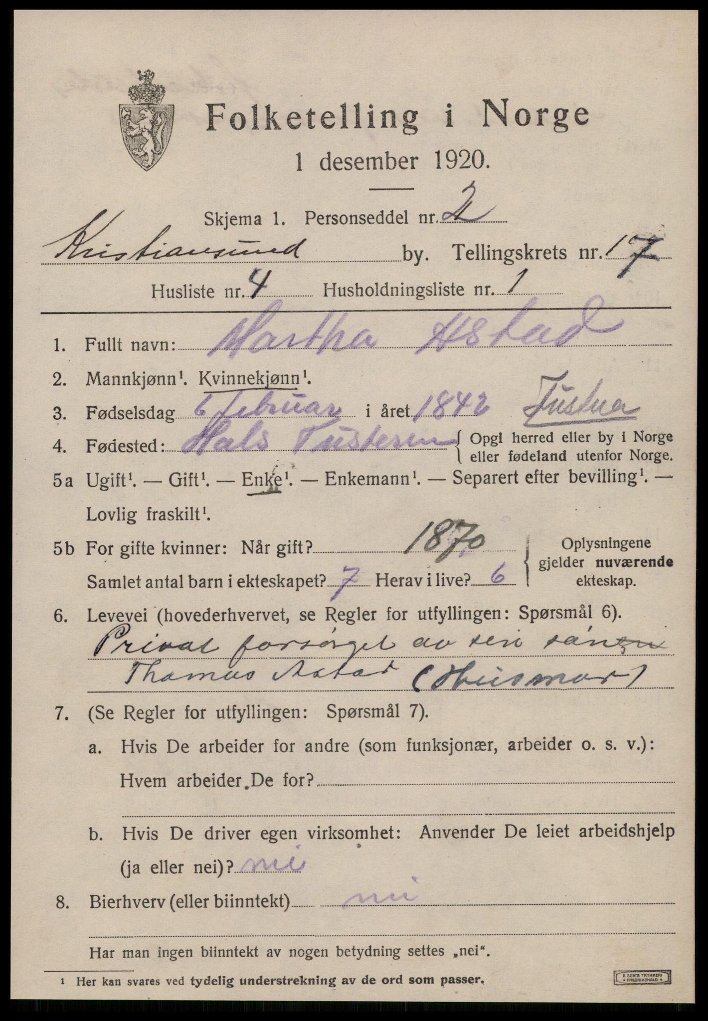 SAT, 1920 census for Kristiansund, 1920, p. 35977