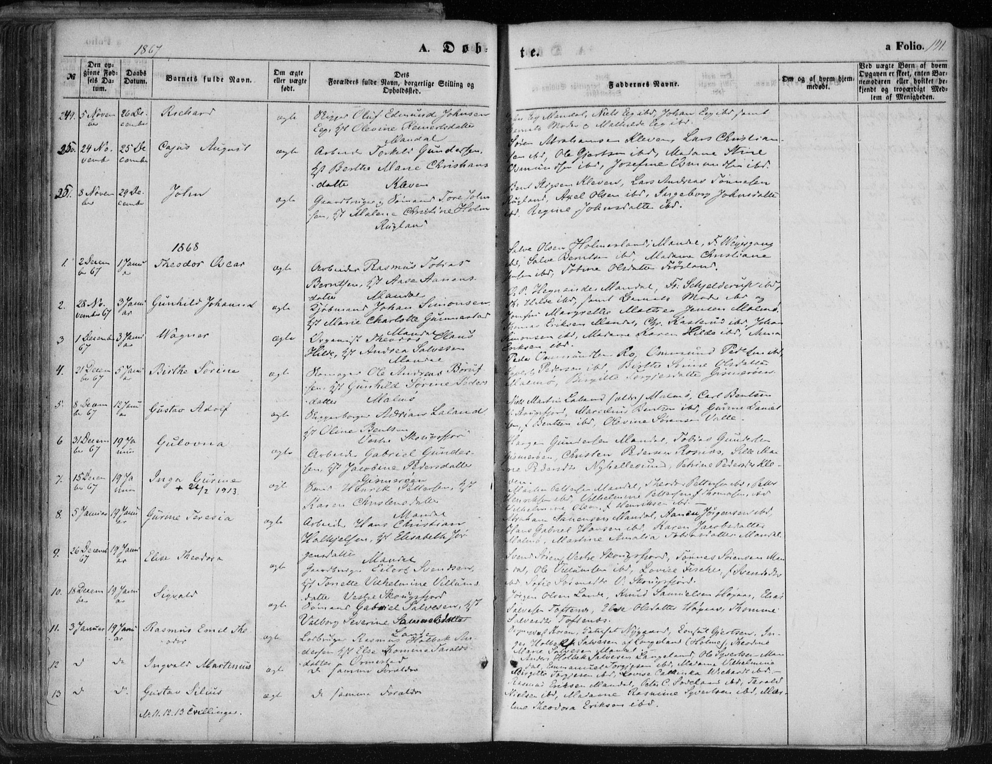 Mandal sokneprestkontor, SAK/1111-0030/F/Fa/Faa/L0014: Parish register (official) no. A 14, 1859-1872, p. 141
