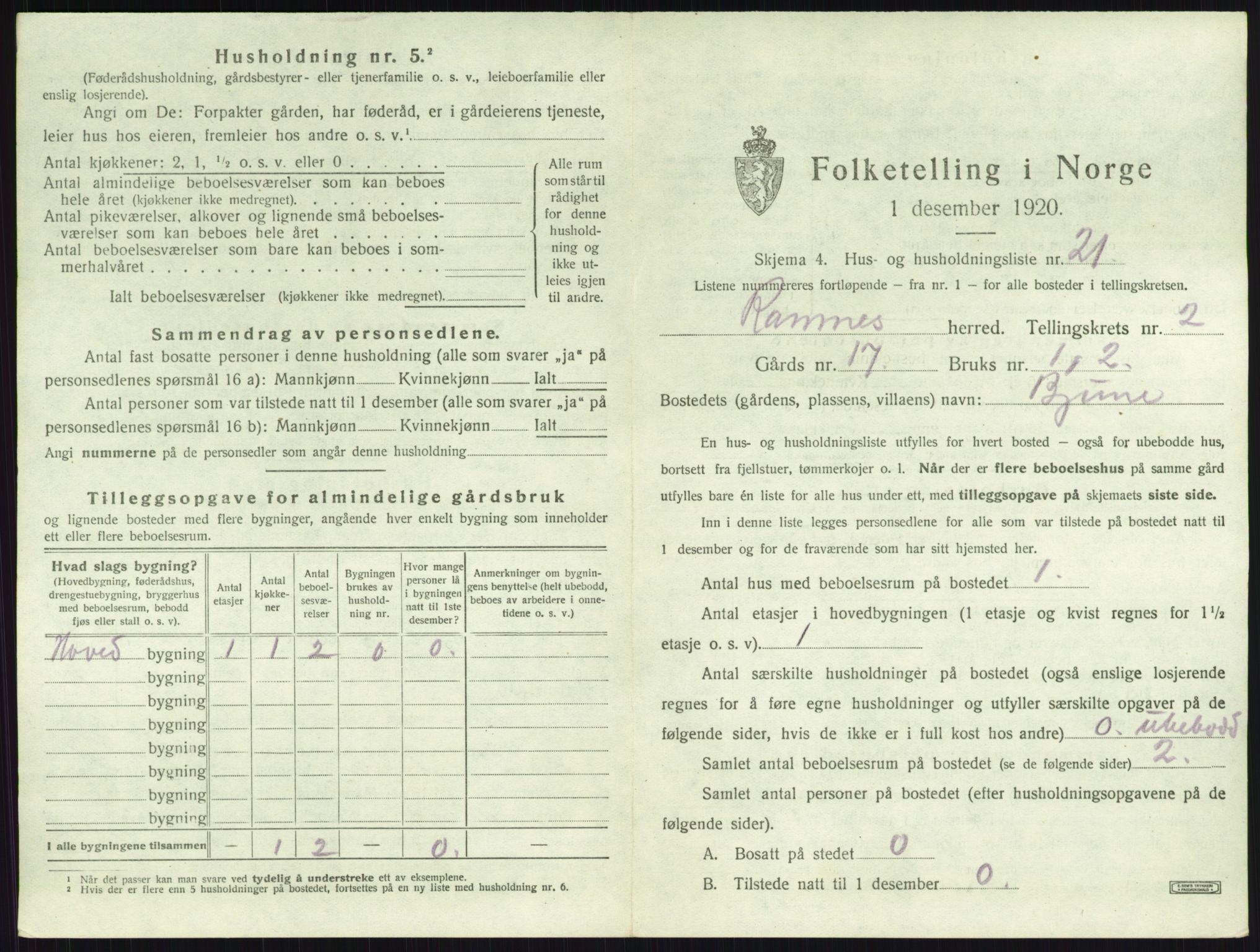 SAKO, 1920 census for Ramnes, 1920, p. 212
