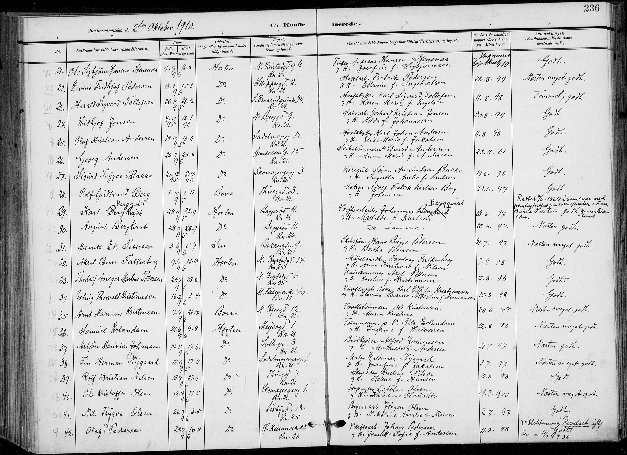 Horten kirkebøker, AV/SAKO-A-348/F/Fa/L0006: Parish register (official) no. 6, 1905-1912, p. 236