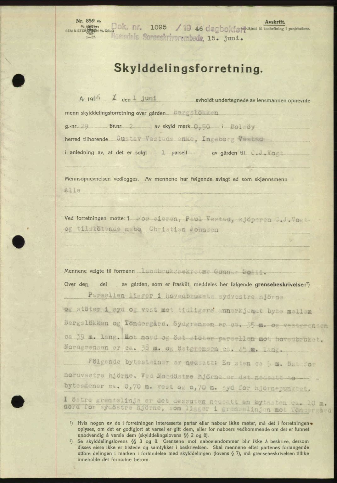 Romsdal sorenskriveri, AV/SAT-A-4149/1/2/2C: Mortgage book no. A20, 1946-1946, Diary no: : 1095/1946