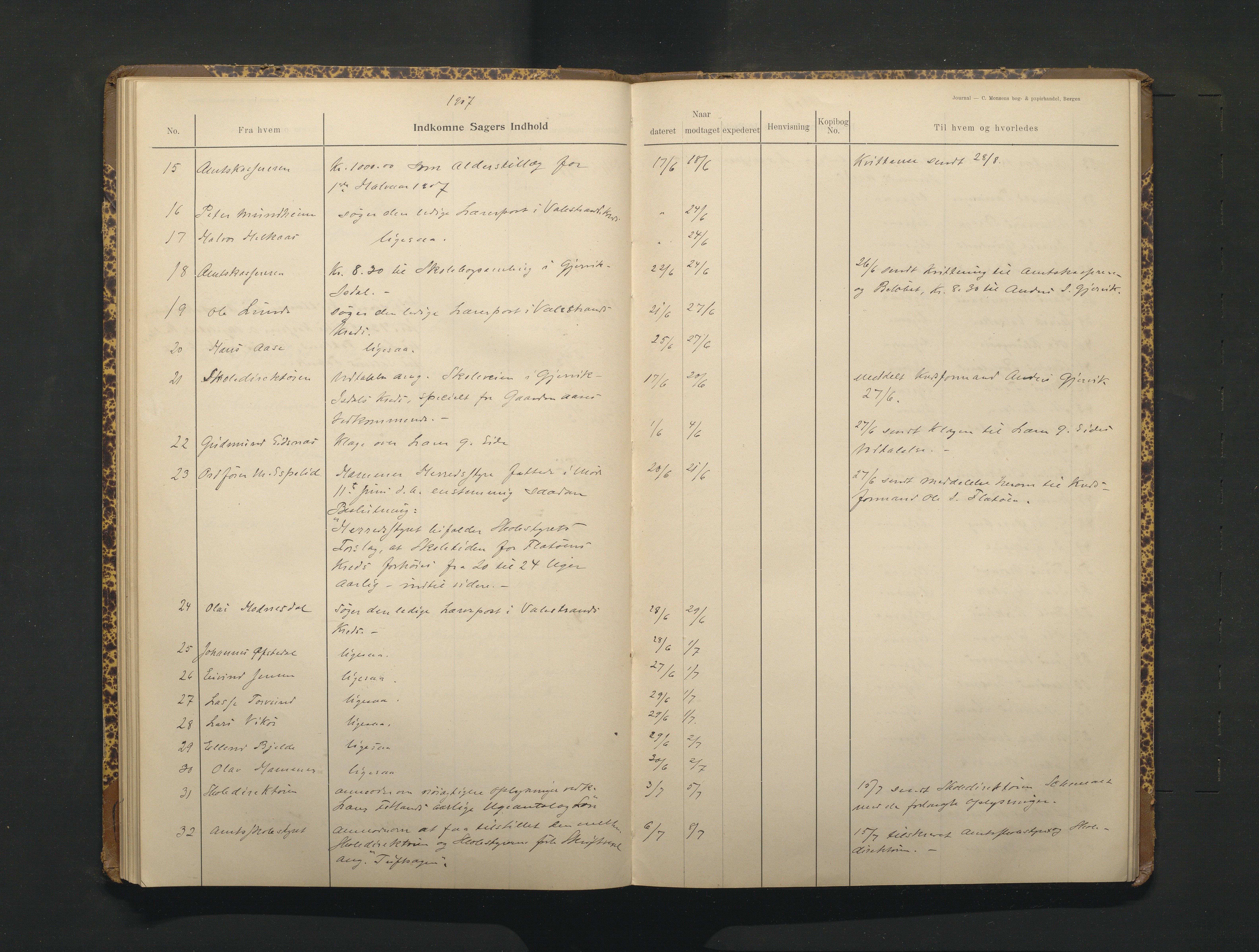 Hamre kommune. Skulestyret, IKAH/1254-211/C/Ca/L0003: Postjournal for Hamre skulestyre, 1901-1916