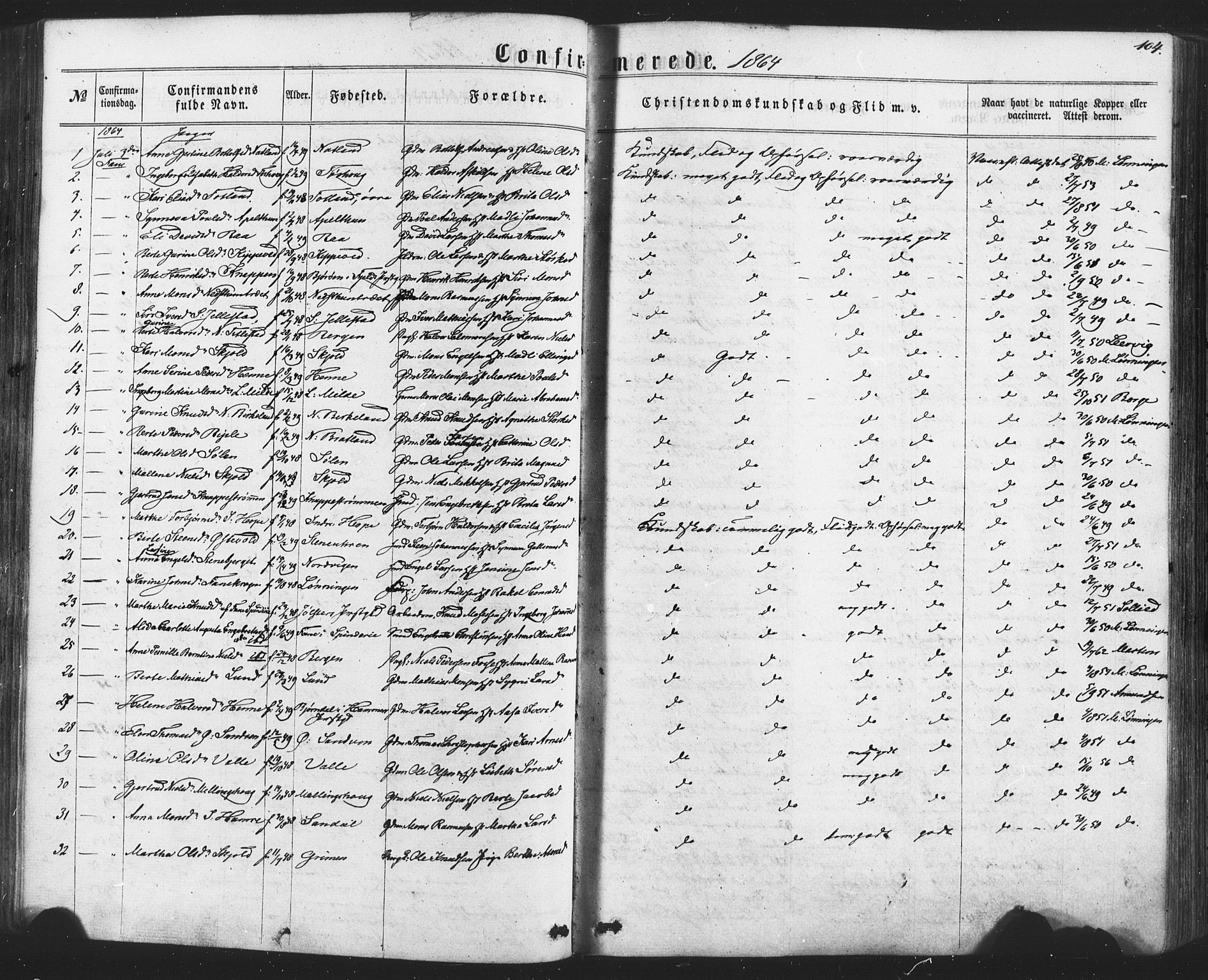 Fana Sokneprestembete, SAB/A-75101/H/Haa/Haaa/L0012: Parish register (official) no. A 12, 1862-1878, p. 104