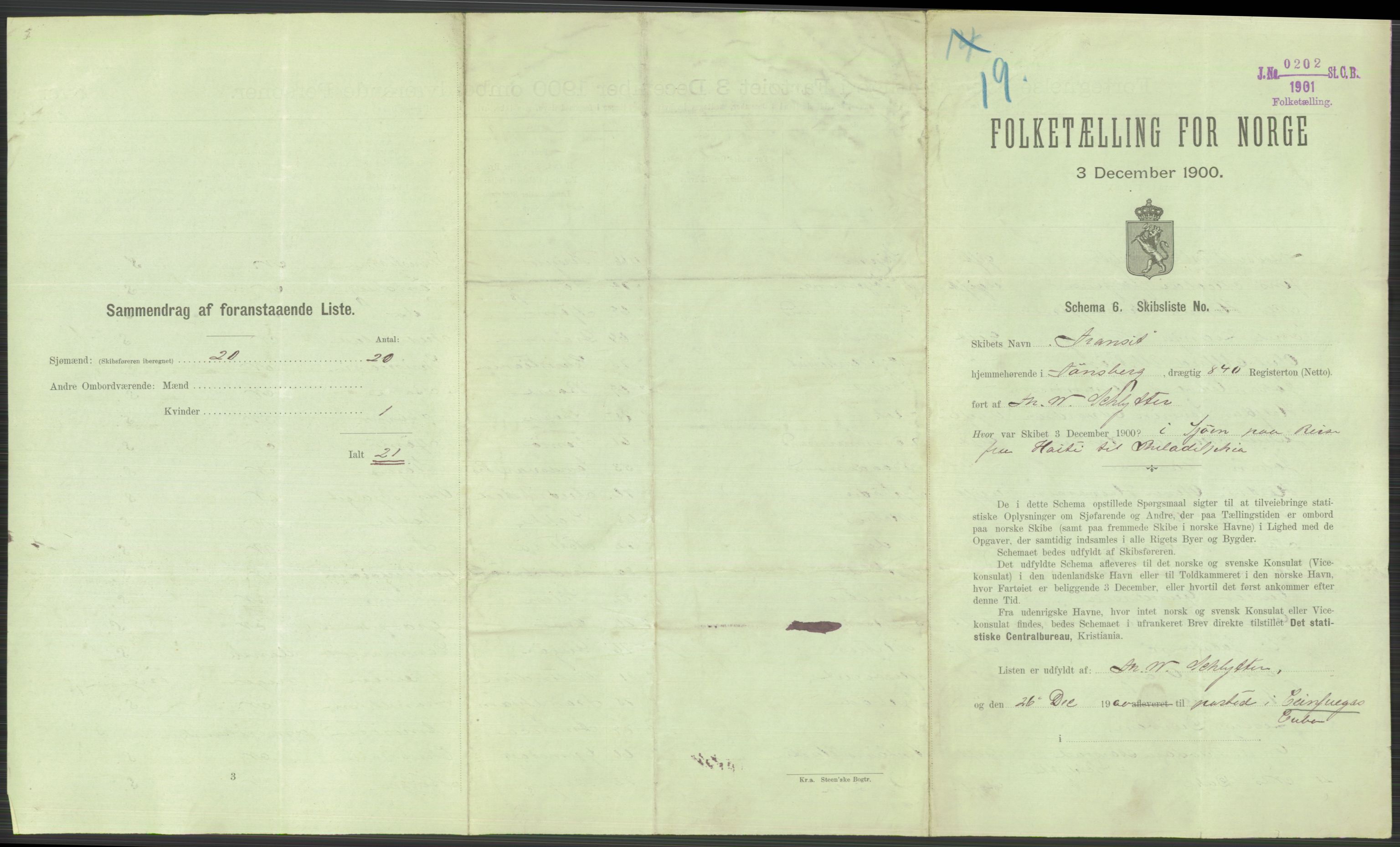 RA, 1900 Census - ship lists from ships in Norwegian harbours, harbours abroad and at sea, 1900, p. 5733