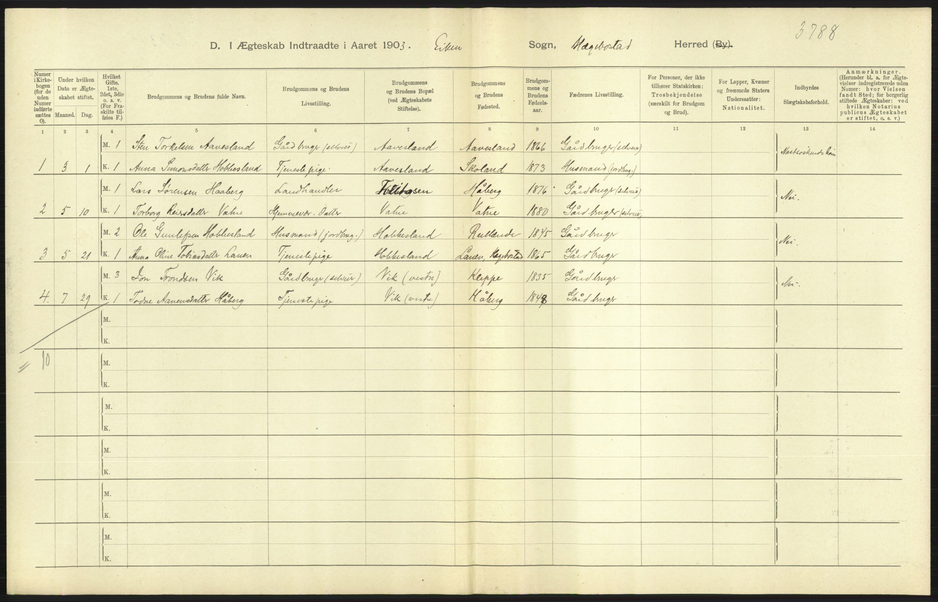 Statistisk sentralbyrå, Sosiodemografiske emner, Befolkning, AV/RA-S-2228/D/Df/Dfa/Dfaa/L0011: Lister og Mandal amt: Fødte, gifte, døde, 1903, p. 299