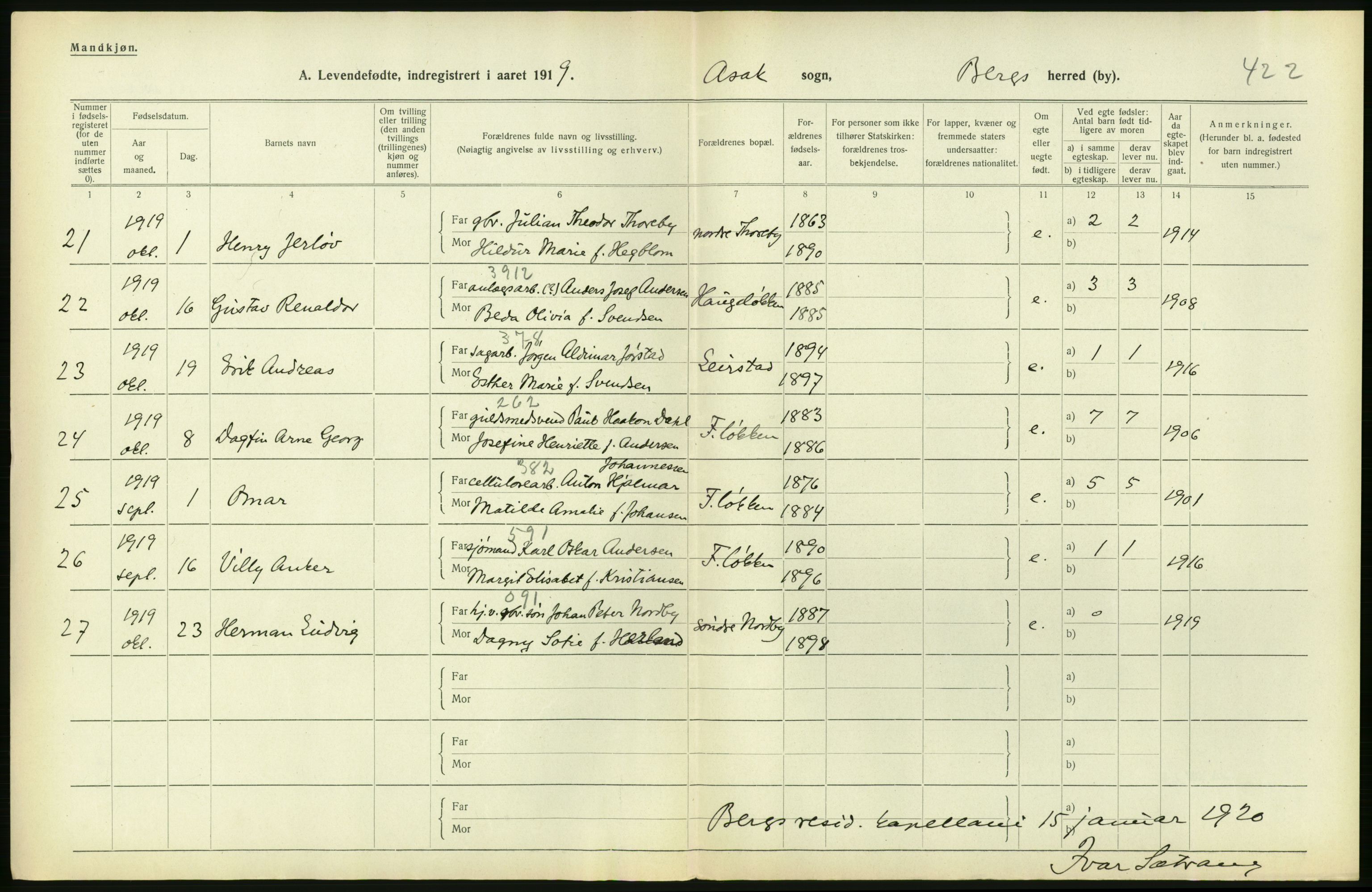 Statistisk sentralbyrå, Sosiodemografiske emner, Befolkning, RA/S-2228/D/Df/Dfb/Dfbi/L0001: Østfold fylke: Levendefødte menn og kvinner. Bygder., 1919, p. 490