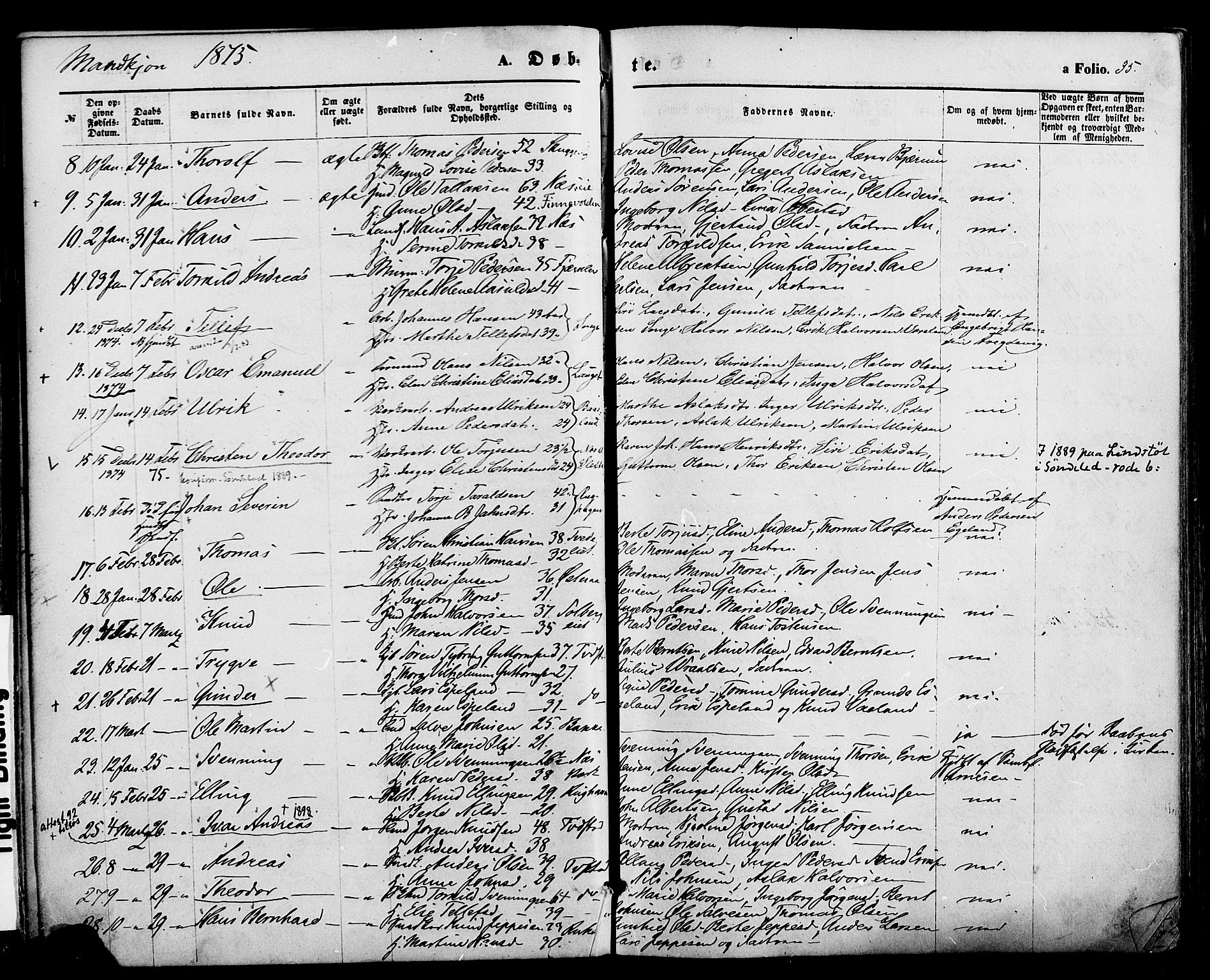 Holt sokneprestkontor, AV/SAK-1111-0021/F/Fa/L0010: Parish register (official) no. A 10, 1872-1885, p. 35