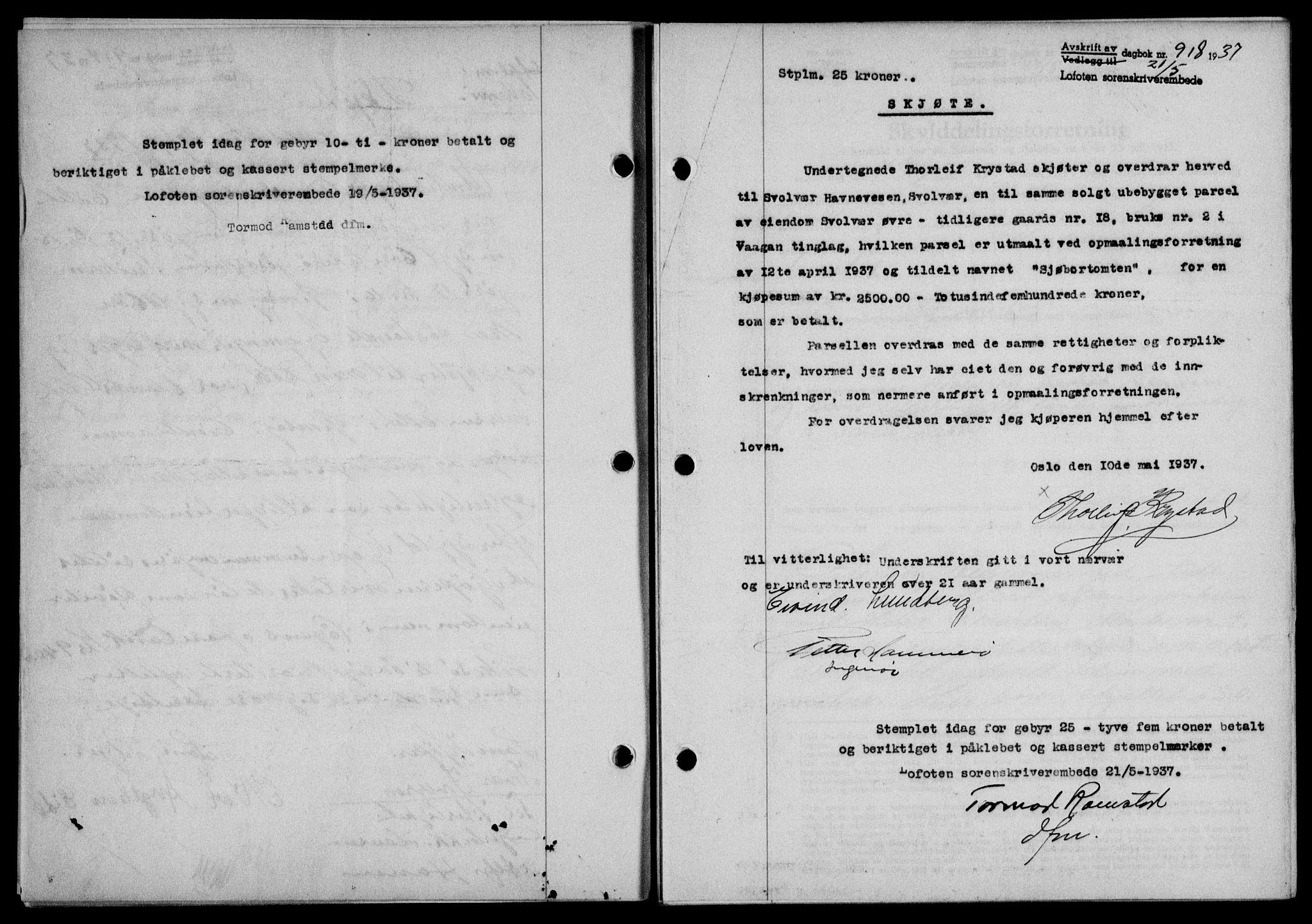 Lofoten sorenskriveri, SAT/A-0017/1/2/2C/L0002a: Mortgage book no. 2a, 1937-1937, Diary no: : 918/1937