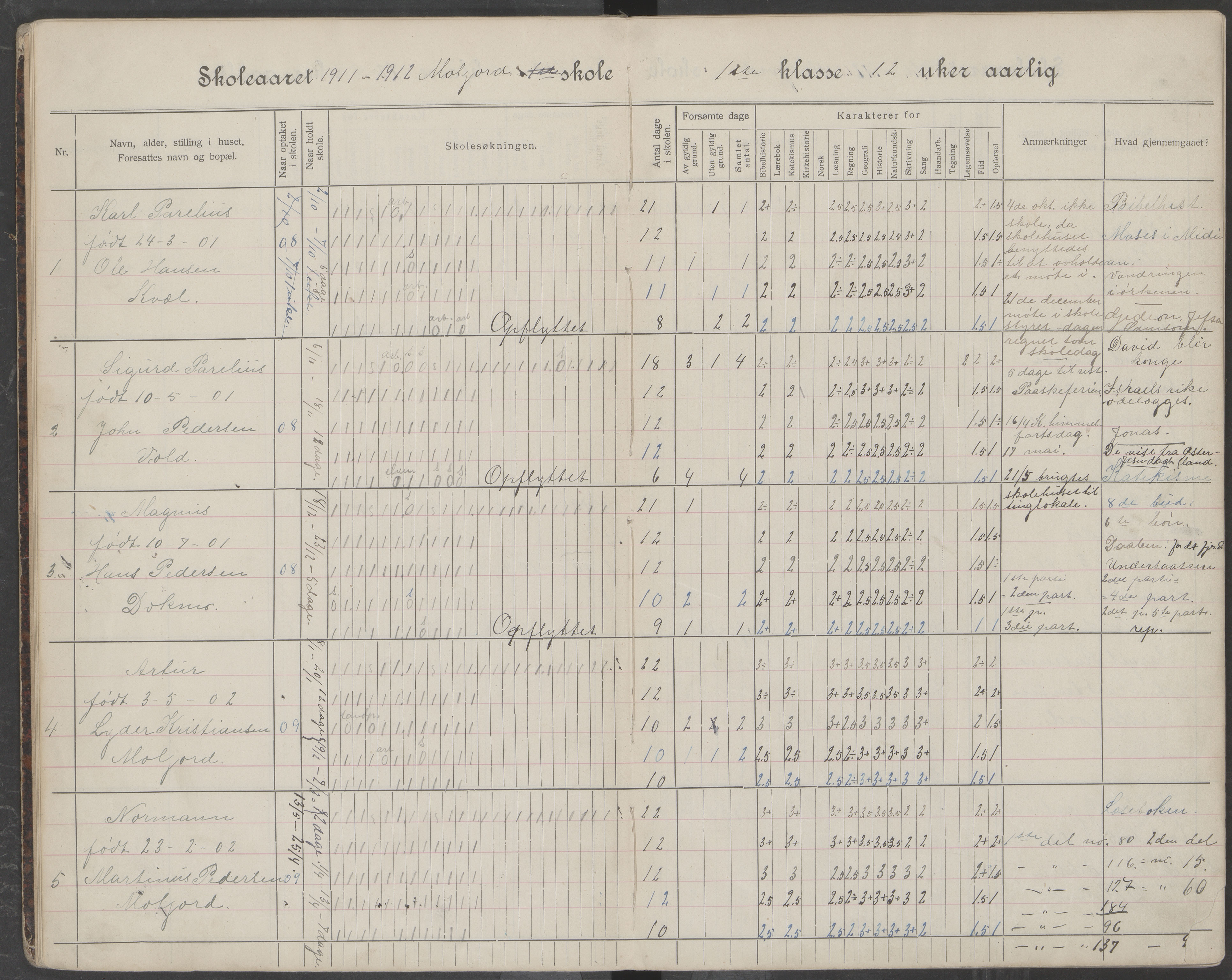 Beiarn kommune. Moldjord skolekrets, AIN/K-18390.510.14/442/L0006: Karakter/oversiktsprotokoll, 1910-1920