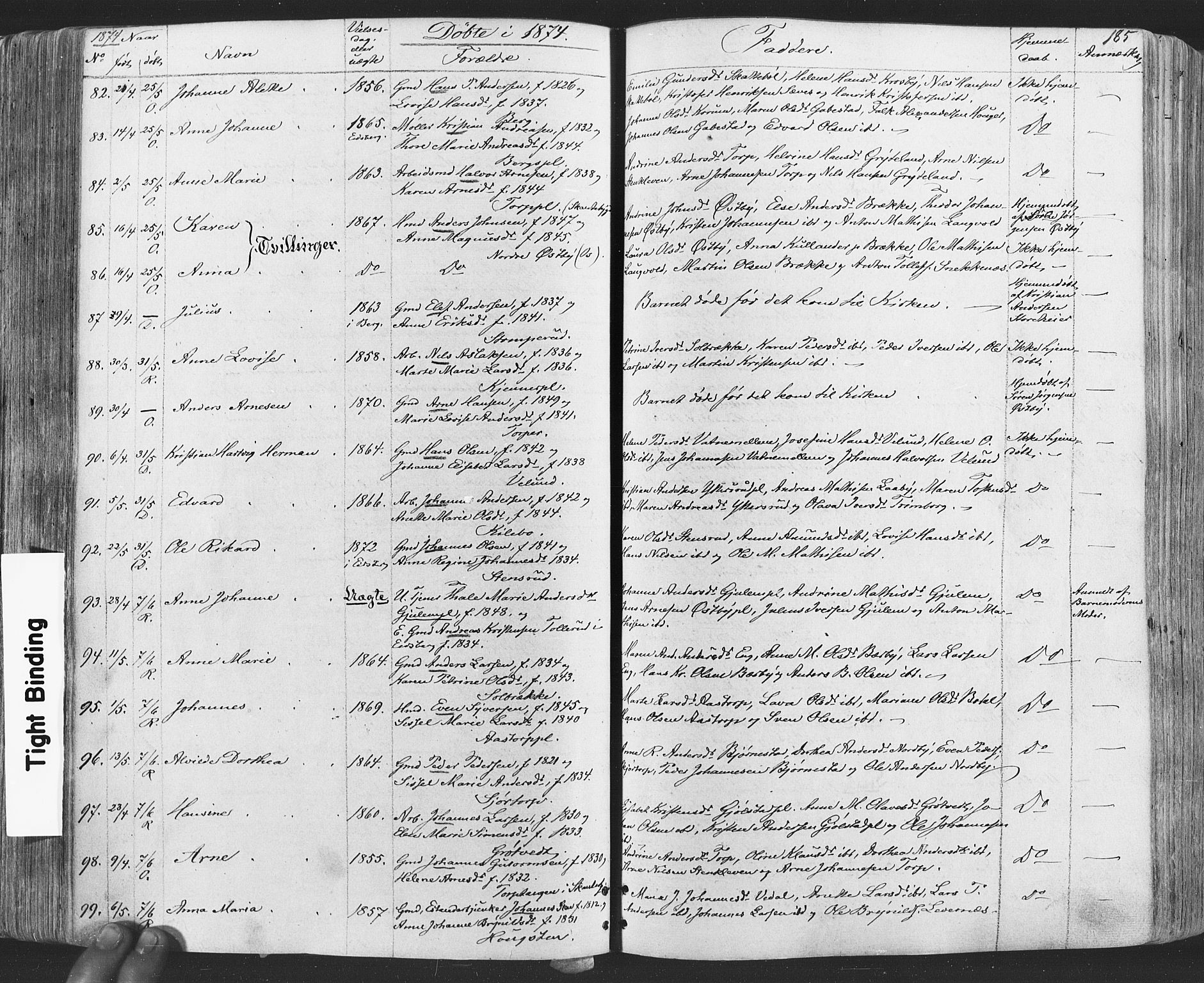 Rakkestad prestekontor Kirkebøker, AV/SAO-A-2008/F/Fa/L0011: Parish register (official) no. I 11, 1862-1877, p. 185