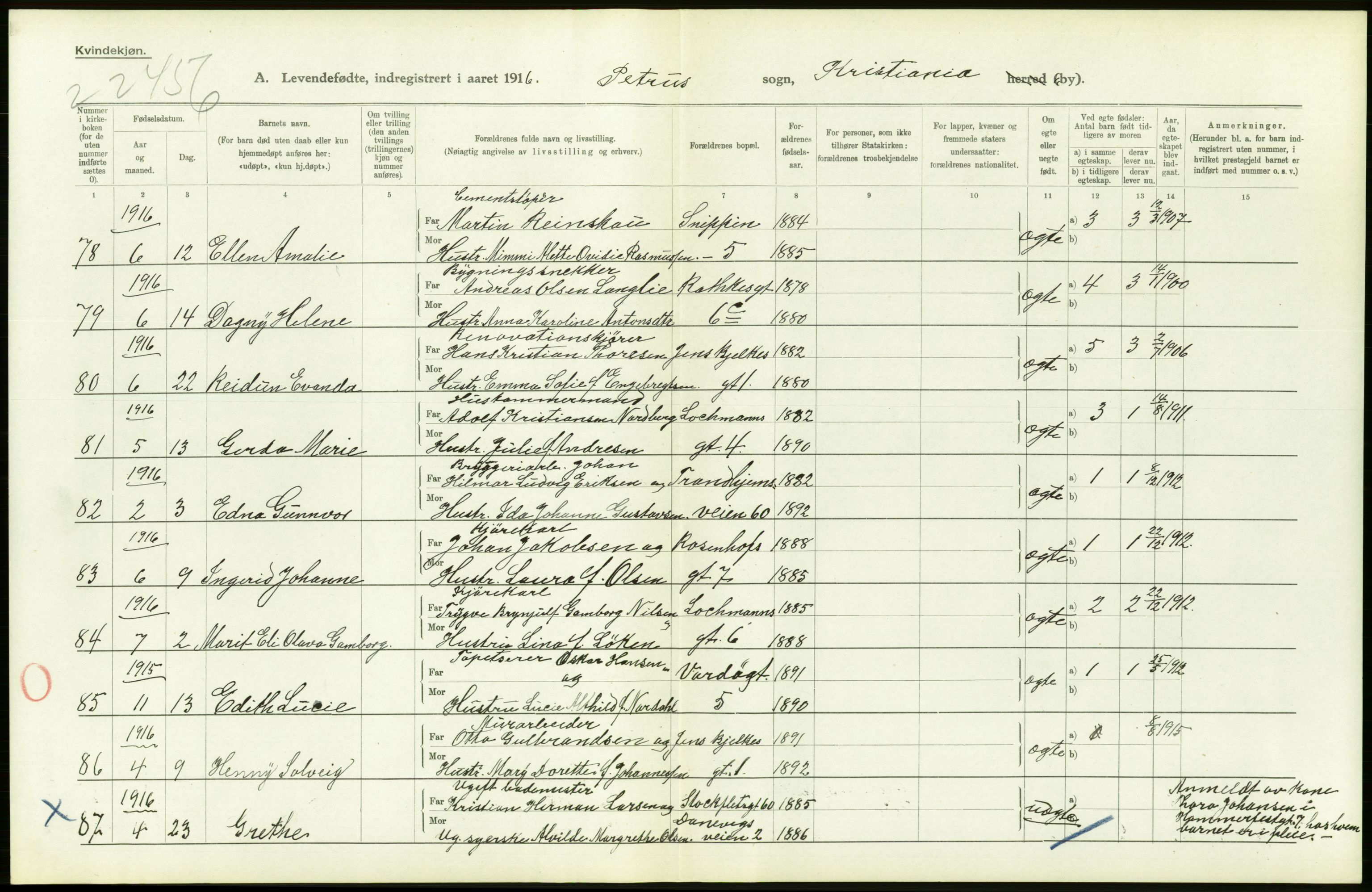 Statistisk sentralbyrå, Sosiodemografiske emner, Befolkning, AV/RA-S-2228/D/Df/Dfb/Dfbf/L0006: Kristiania: Levendefødte menn og kvinner., 1916, p. 614