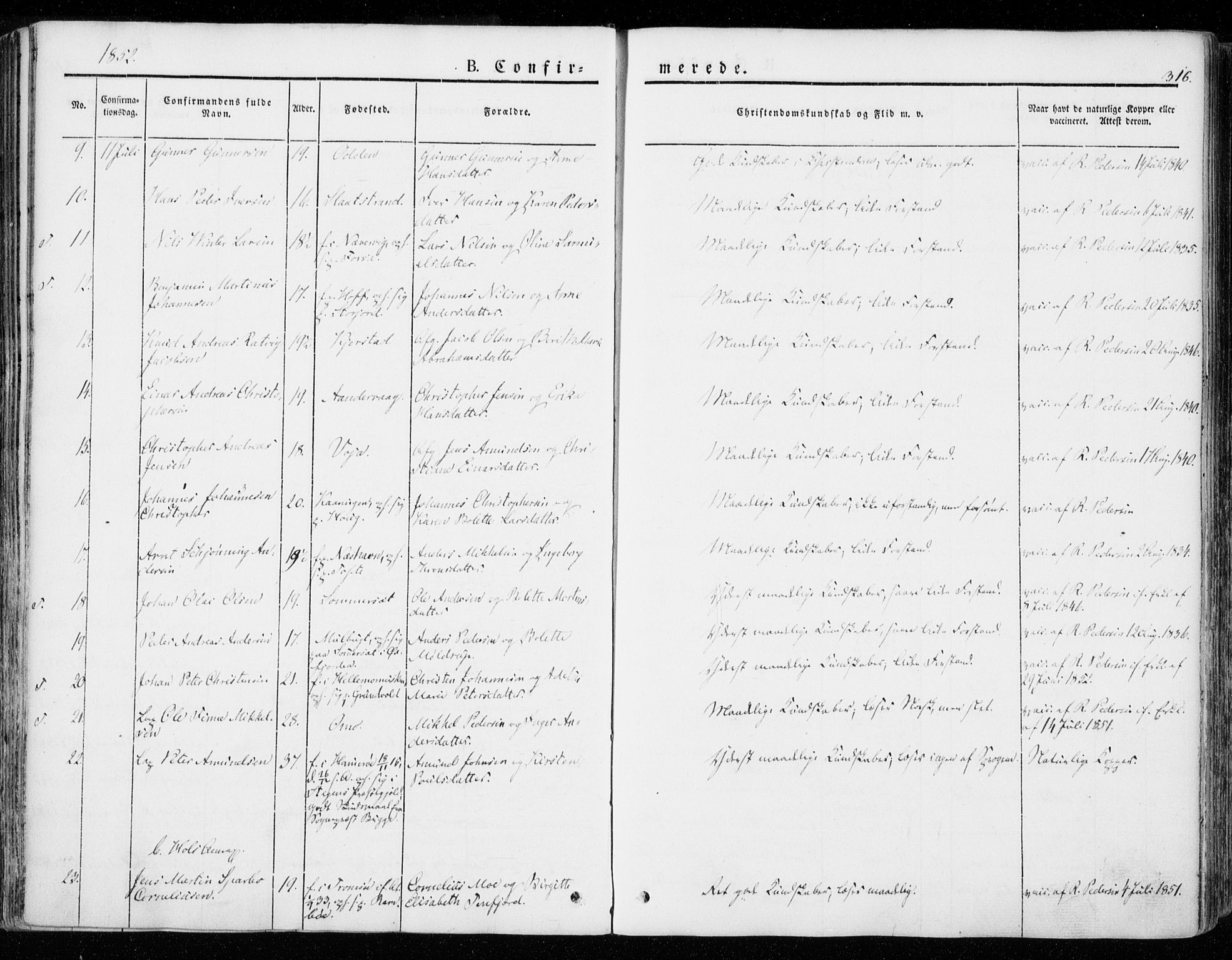 Ministerialprotokoller, klokkerbøker og fødselsregistre - Nordland, AV/SAT-A-1459/872/L1033: Parish register (official) no. 872A08, 1840-1863, p. 316