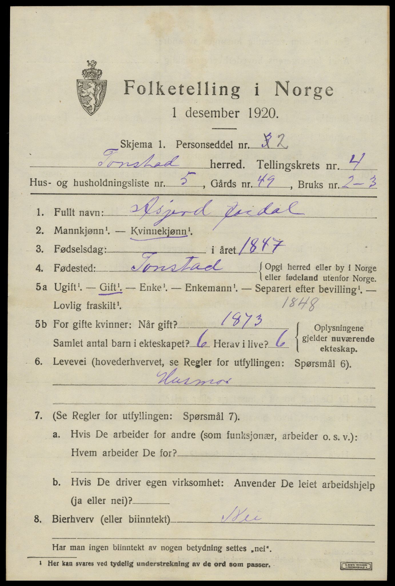 SAK, 1920 census for Tonstad, 1920, p. 1328