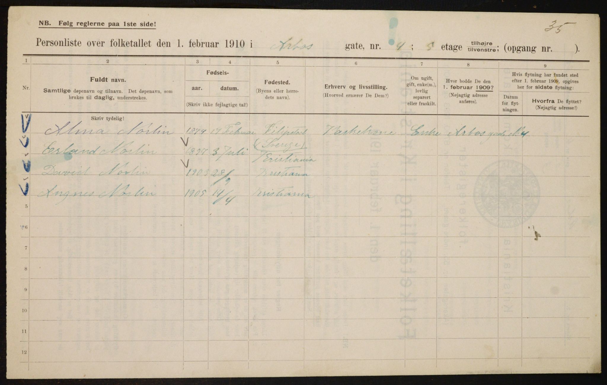OBA, Municipal Census 1910 for Kristiania, 1910, p. 1836