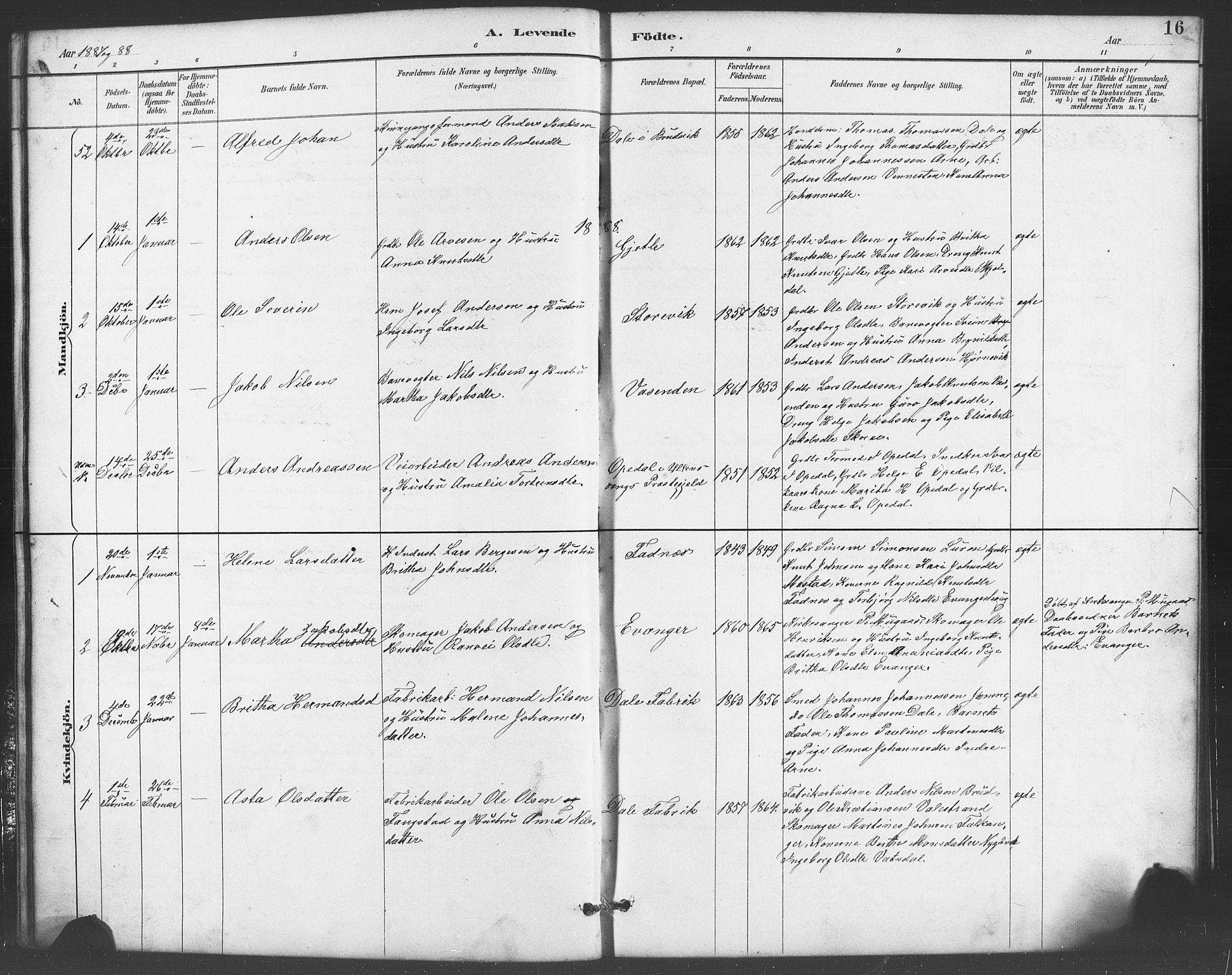 Evanger sokneprestembete, SAB/A-99924: Parish register (copy) no. A 4, 1887-1897, p. 16