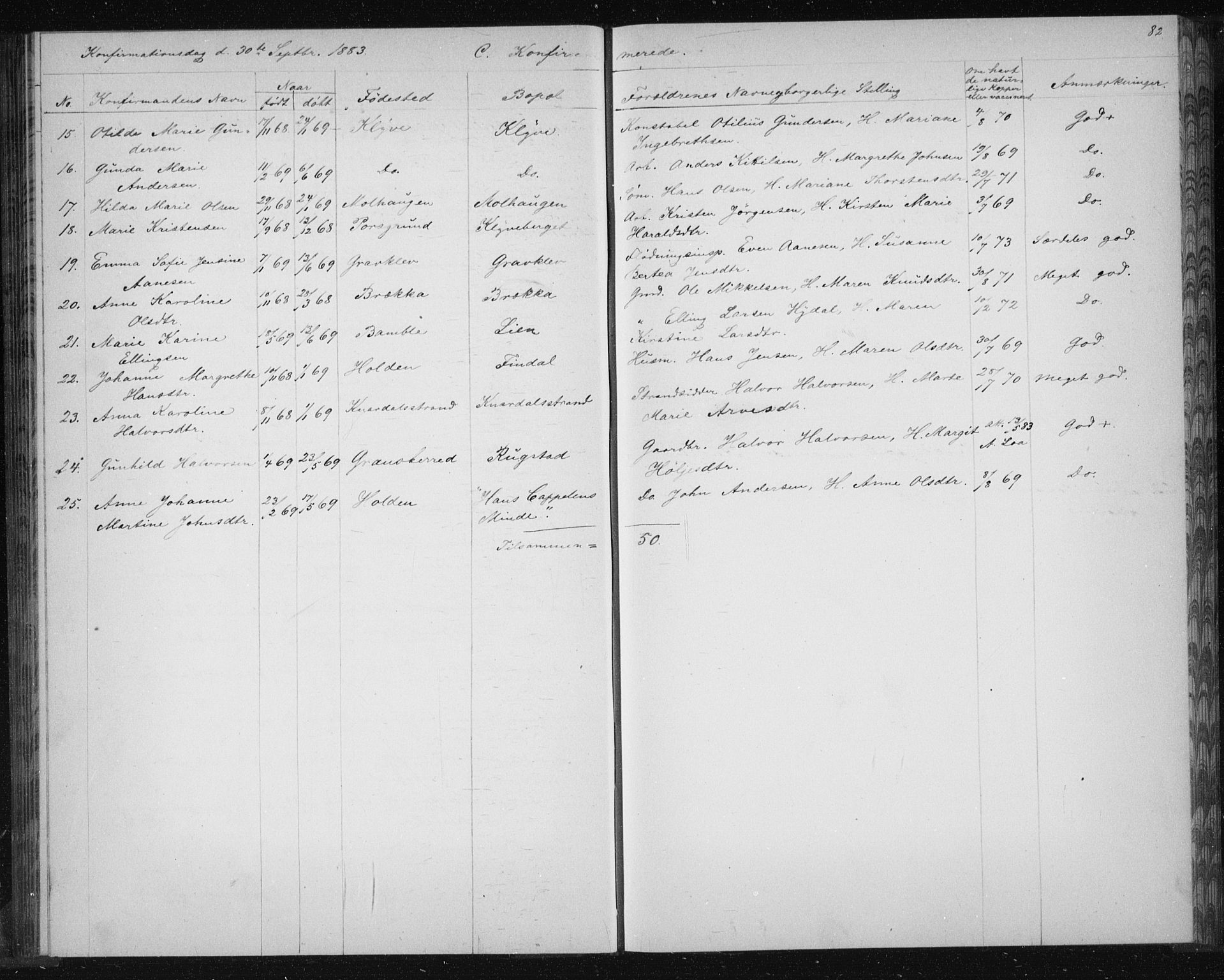 Solum kirkebøker, AV/SAKO-A-306/G/Ga/L0006: Parish register (copy) no. I 6, 1882-1883, p. 82