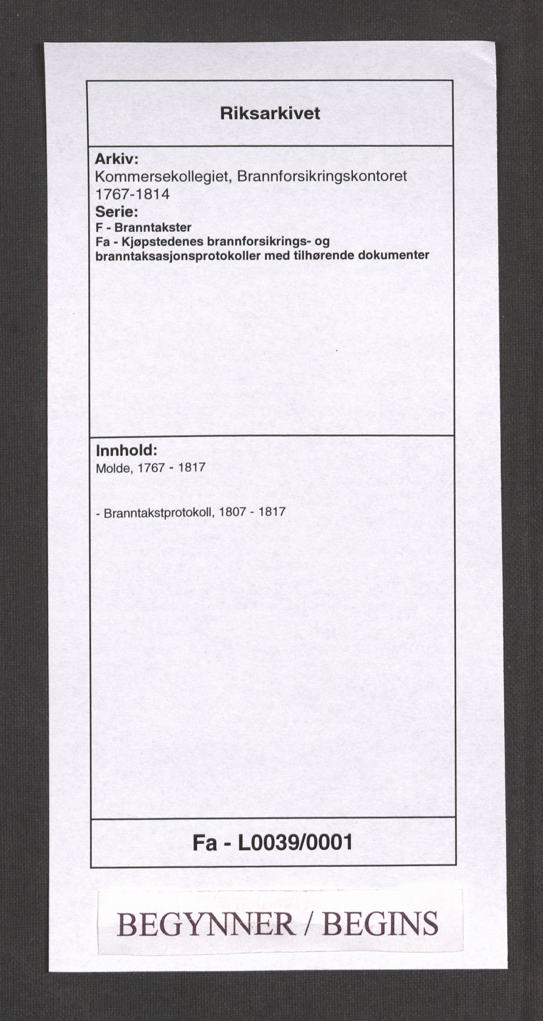 Kommersekollegiet, Brannforsikringskontoret 1767-1814, RA/EA-5458/F/Fa/L0039/0001: Molde / Branntakstprotokoll, 1807-1817