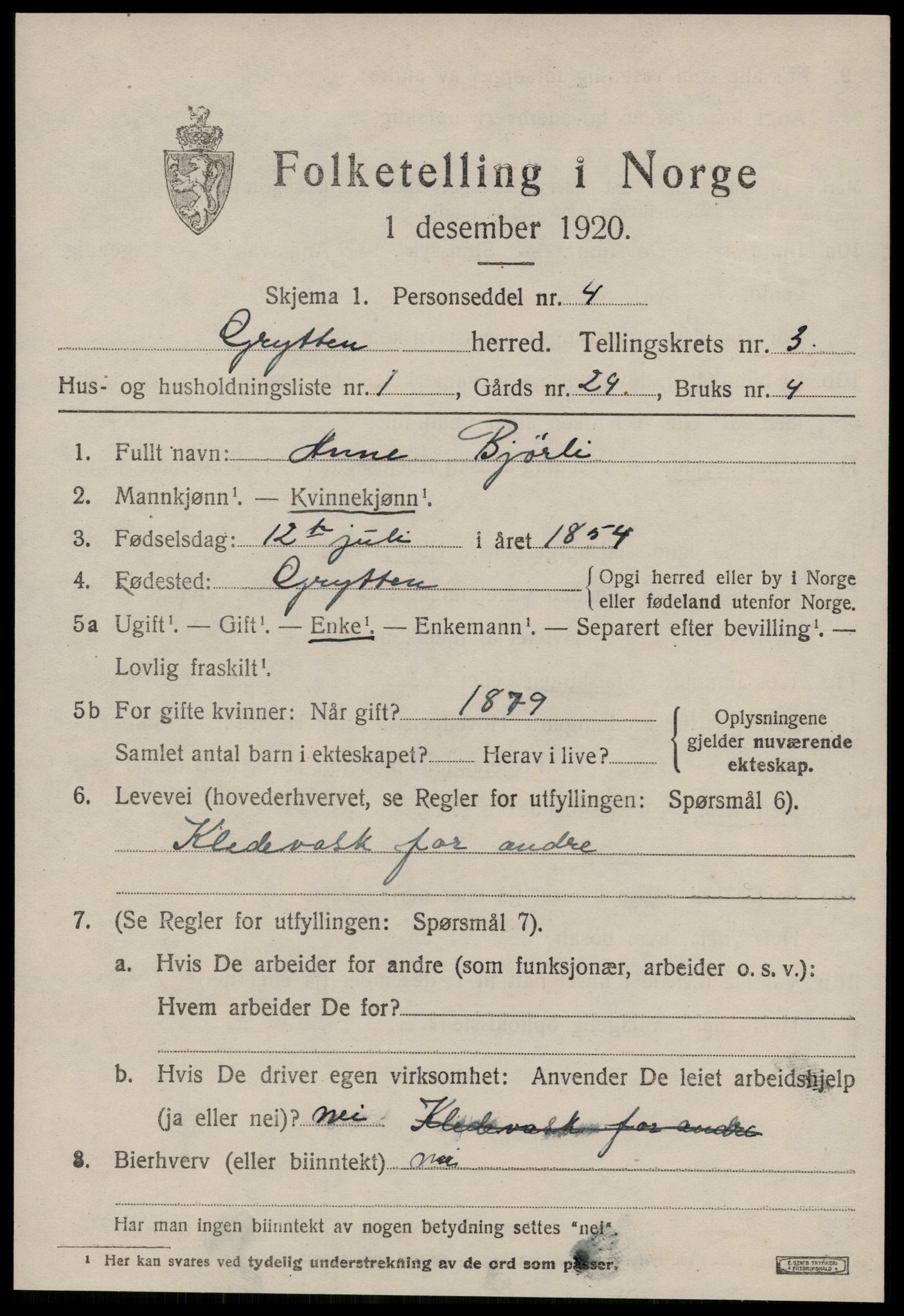 SAT, 1920 census for Grytten, 1920, p. 2230