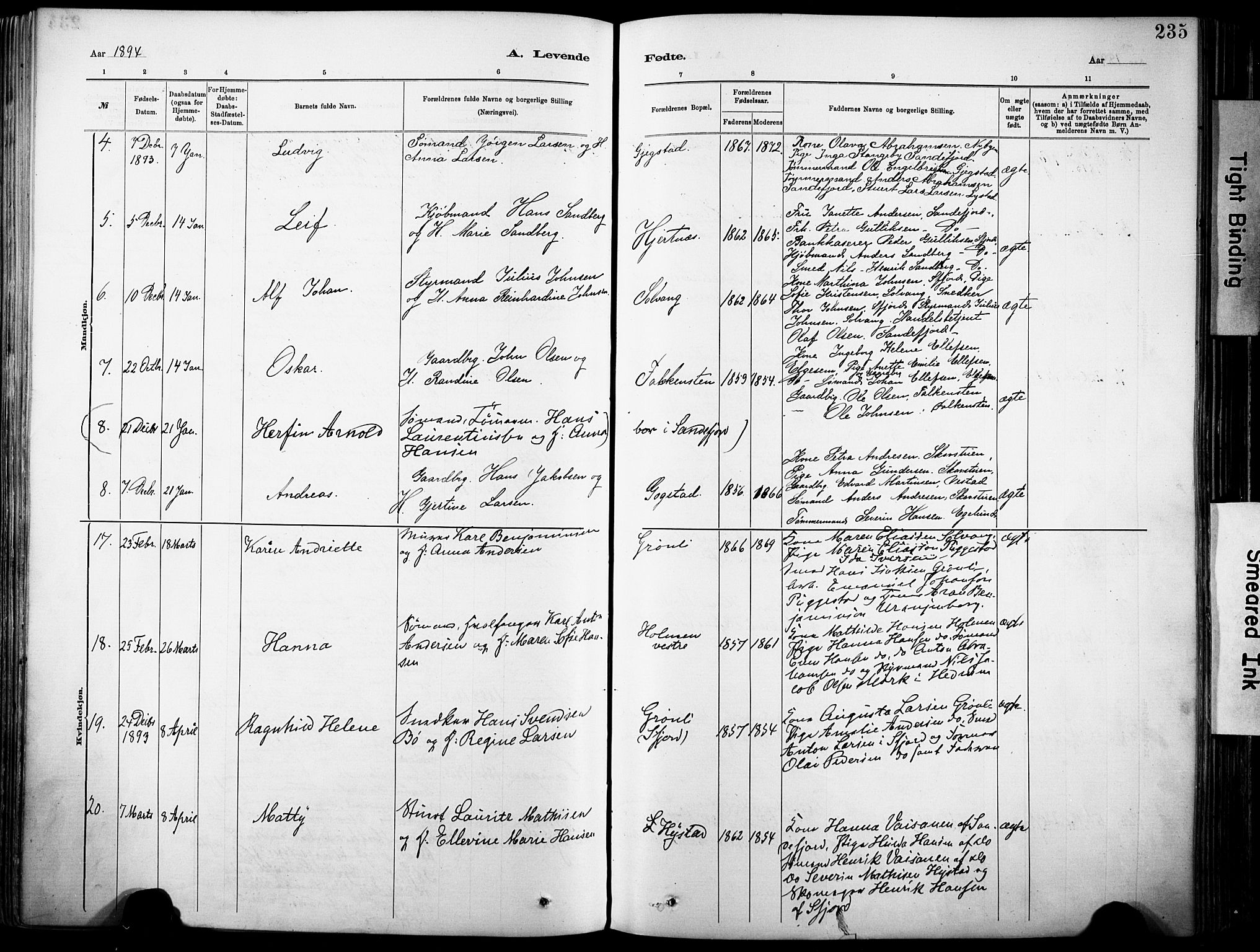 Sandar kirkebøker, SAKO/A-243/F/Fa/L0012: Parish register (official) no. 12, 1883-1895, p. 235