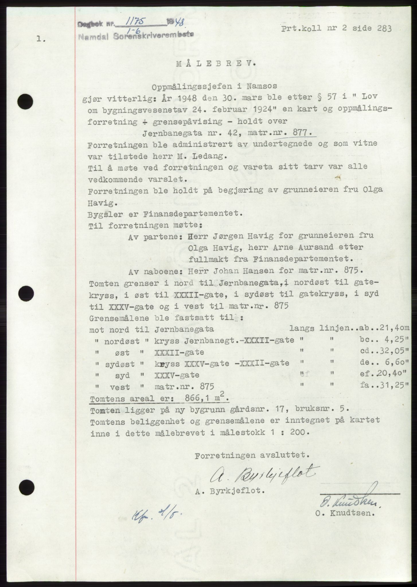 Namdal sorenskriveri, SAT/A-4133/1/2/2C: Mortgage book no. -, 1948-1948, Diary no: : 1175/1948