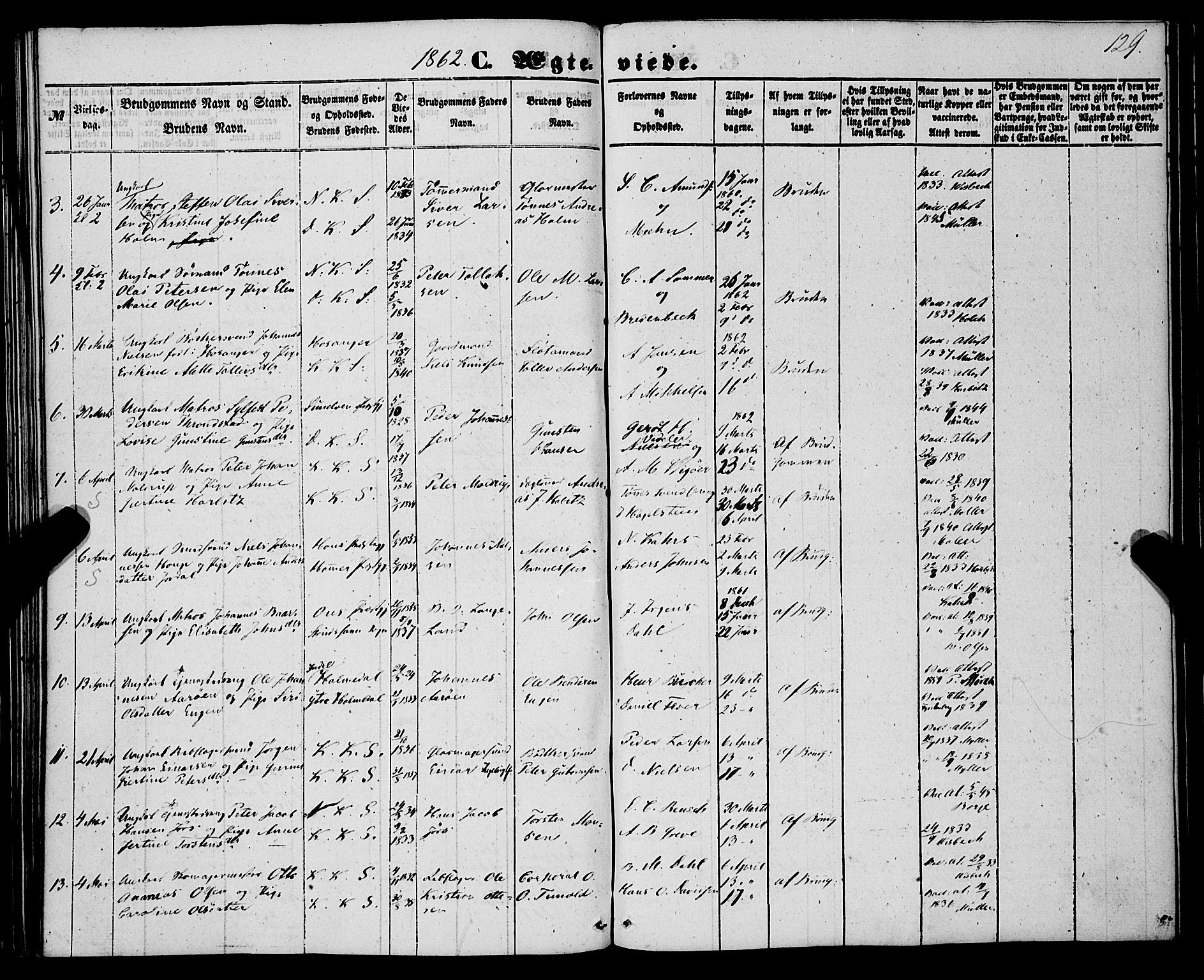 Korskirken sokneprestembete, AV/SAB-A-76101/H/Haa/L0035: Parish register (official) no. D 2, 1852-1867, p. 129