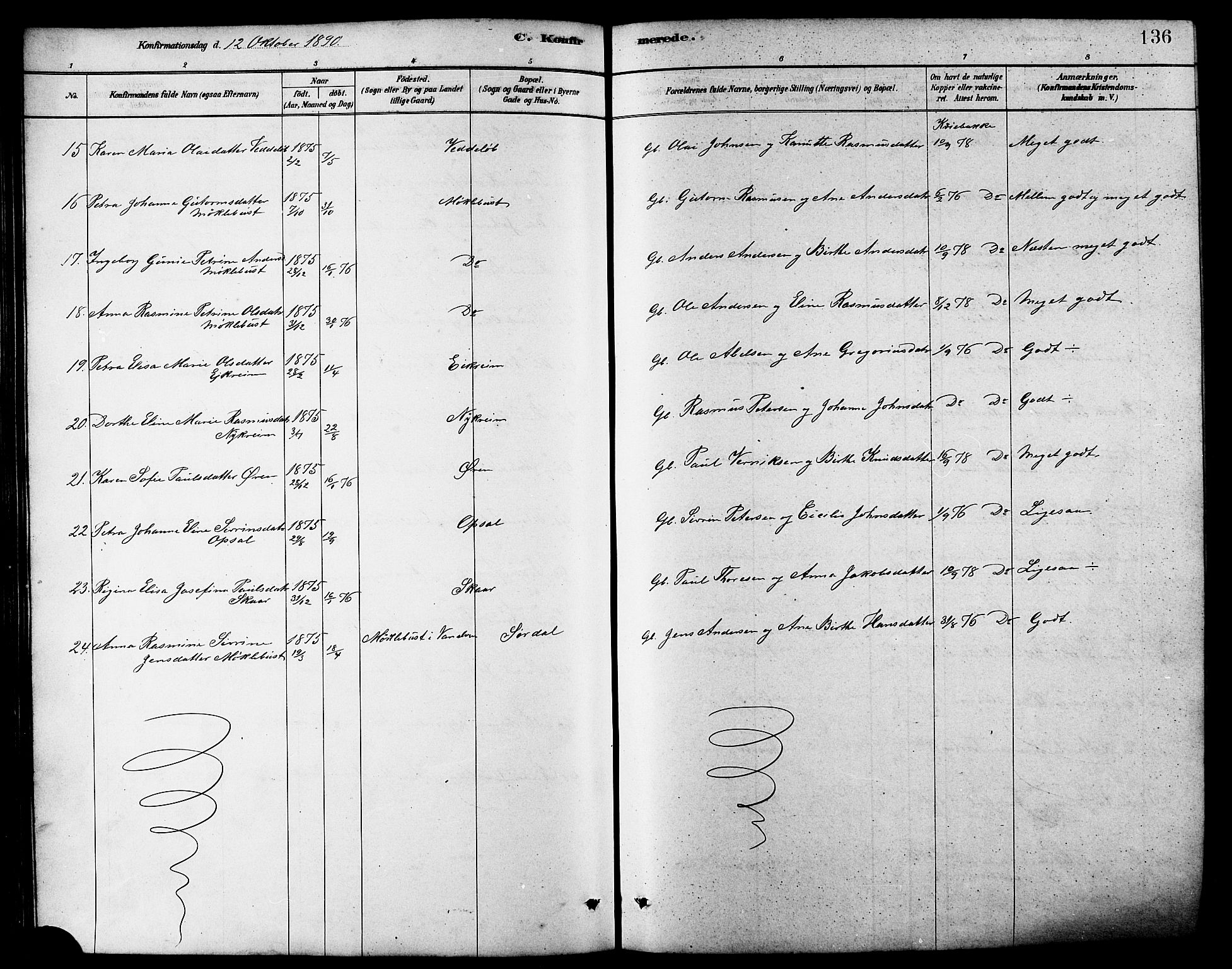 Ministerialprotokoller, klokkerbøker og fødselsregistre - Møre og Romsdal, AV/SAT-A-1454/502/L0027: Parish register (copy) no. 502C01, 1878-1908, p. 136