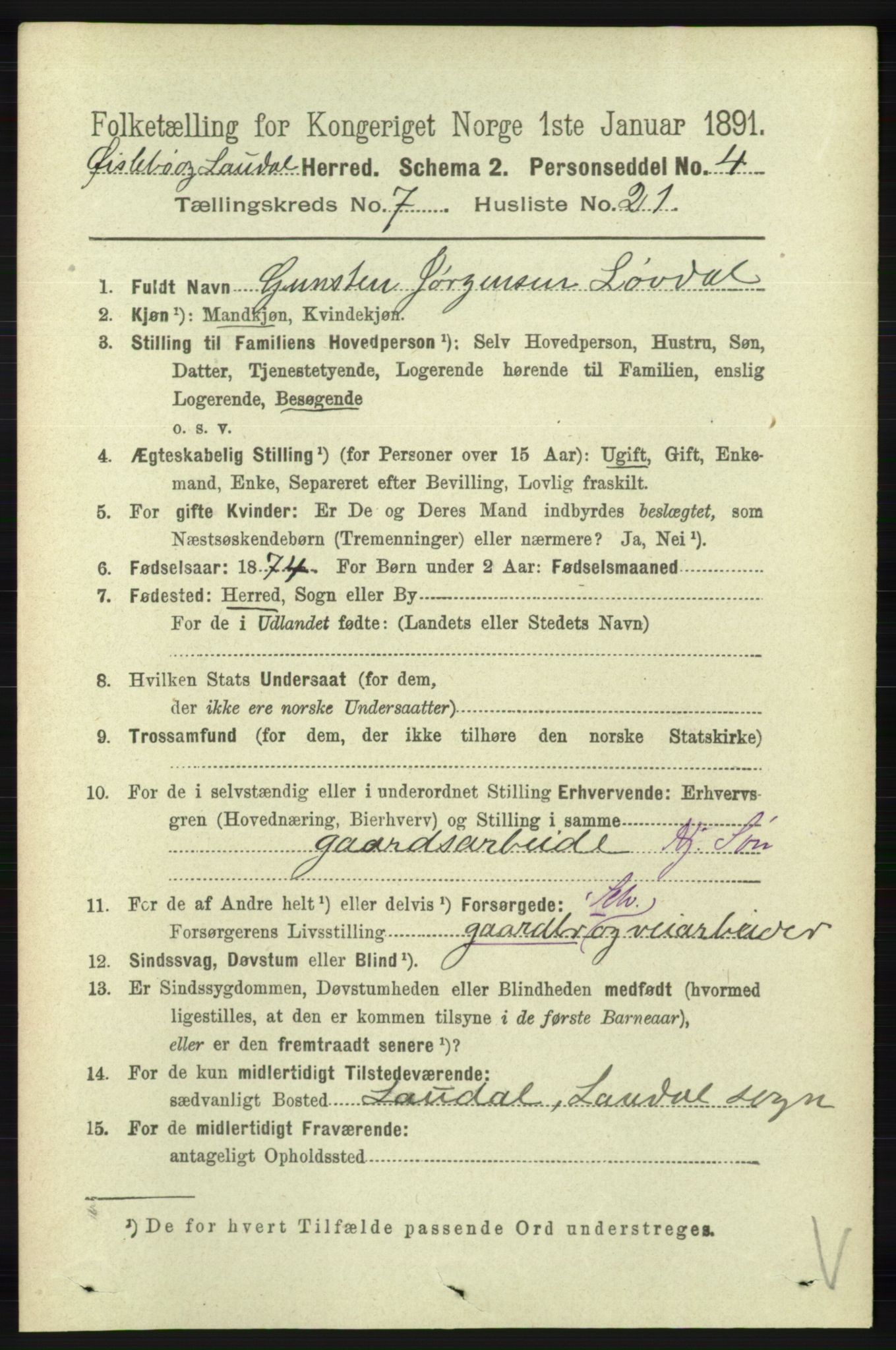 RA, 1891 census for 1021 Øyslebø og Laudal, 1891, p. 2044