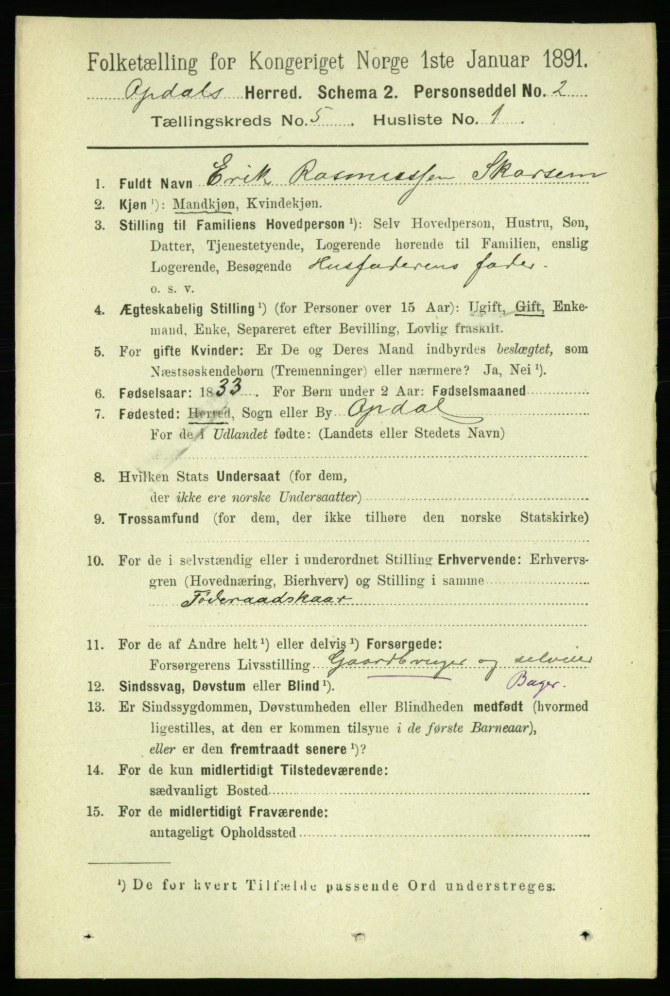 RA, 1891 census for 1634 Oppdal, 1891, p. 2224