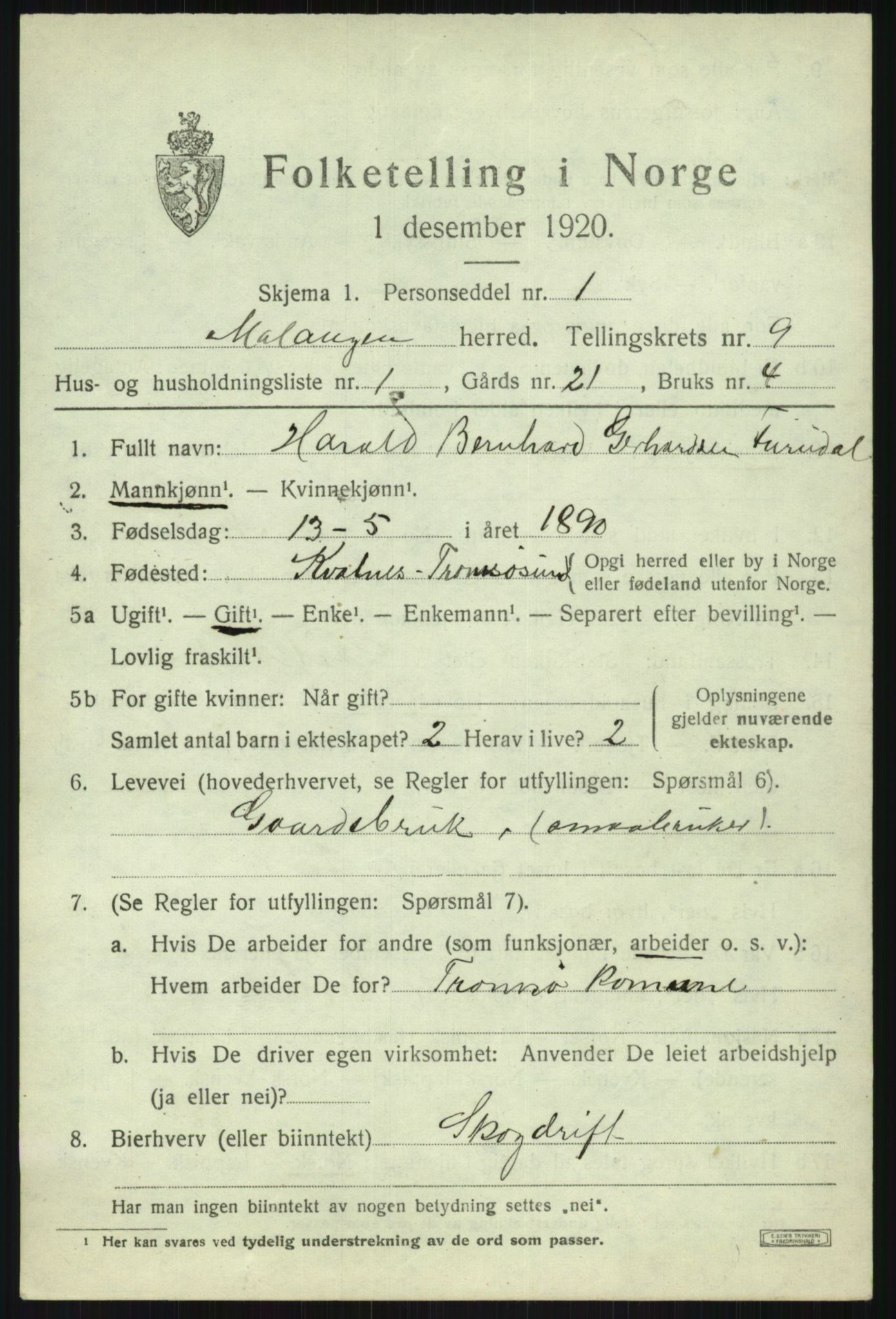 SATØ, 1920 census for Malangen, 1920, p. 3526