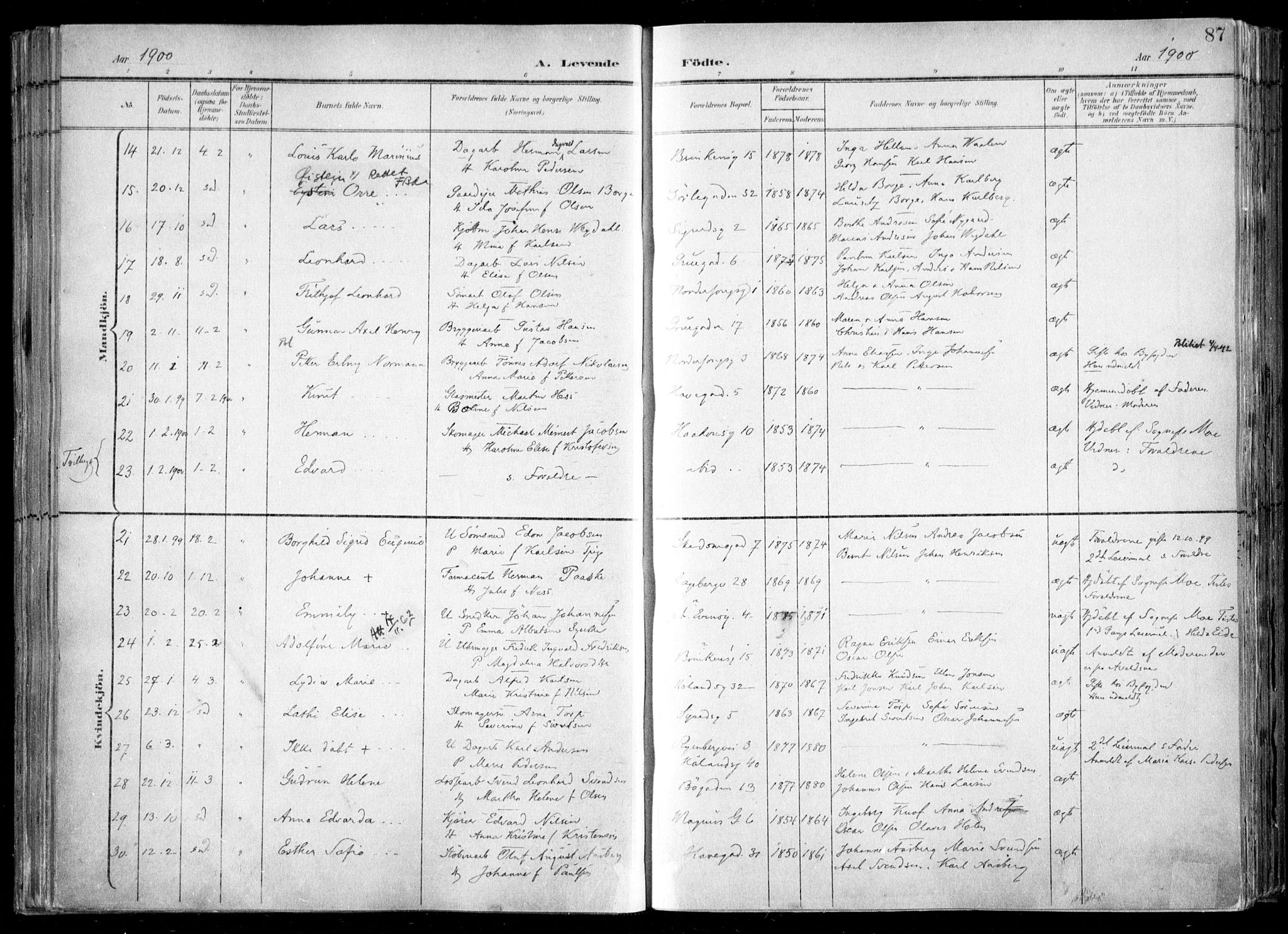 Kampen prestekontor Kirkebøker, SAO/A-10853/F/Fa/L0007: Parish register (official) no. I 7, 1897-1905, p. 87