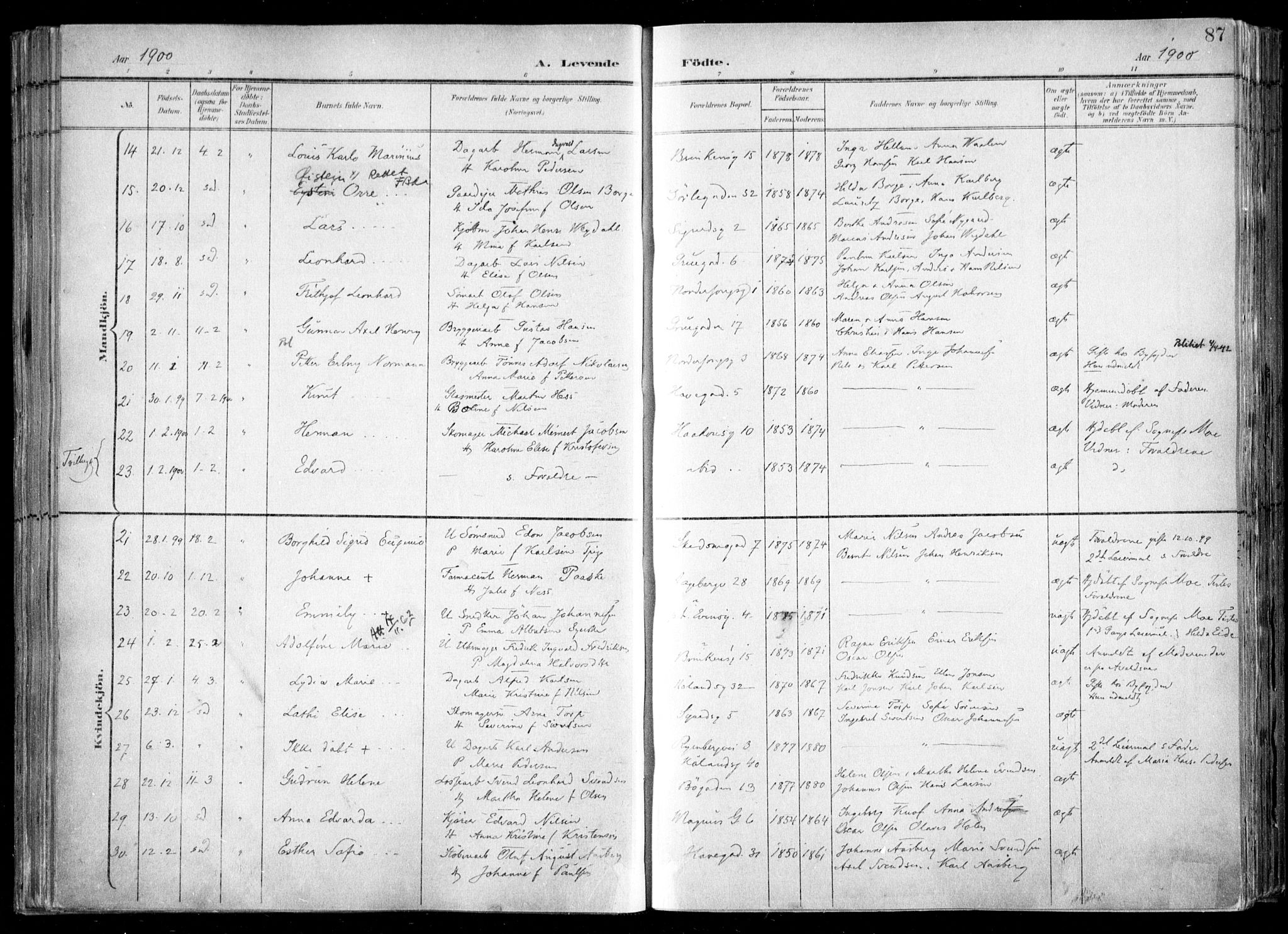 Kampen prestekontor Kirkebøker, AV/SAO-A-10853/F/Fa/L0007: Parish register (official) no. I 7, 1897-1905, p. 87