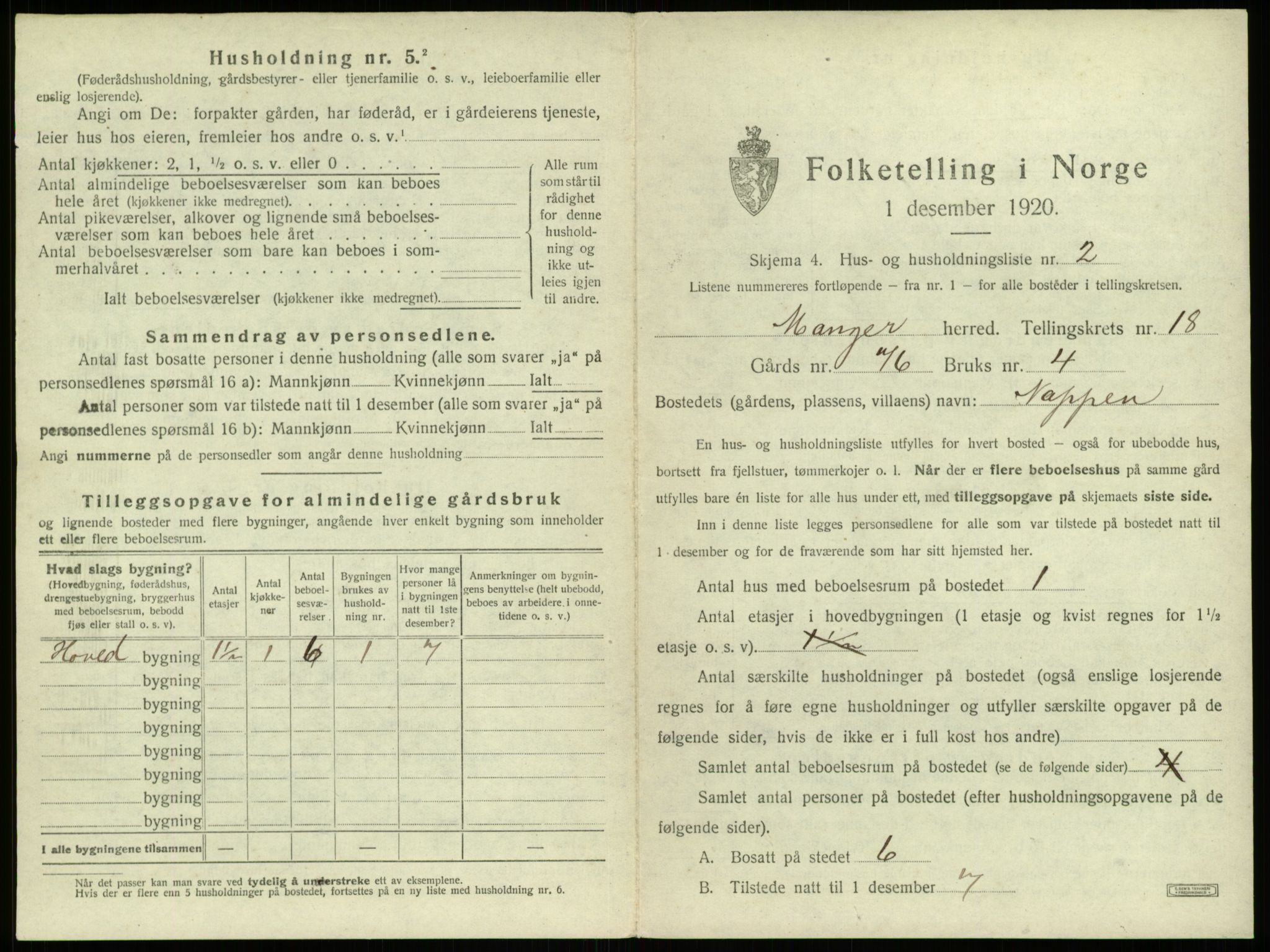 SAB, 1920 census for Manger, 1920, p. 1369