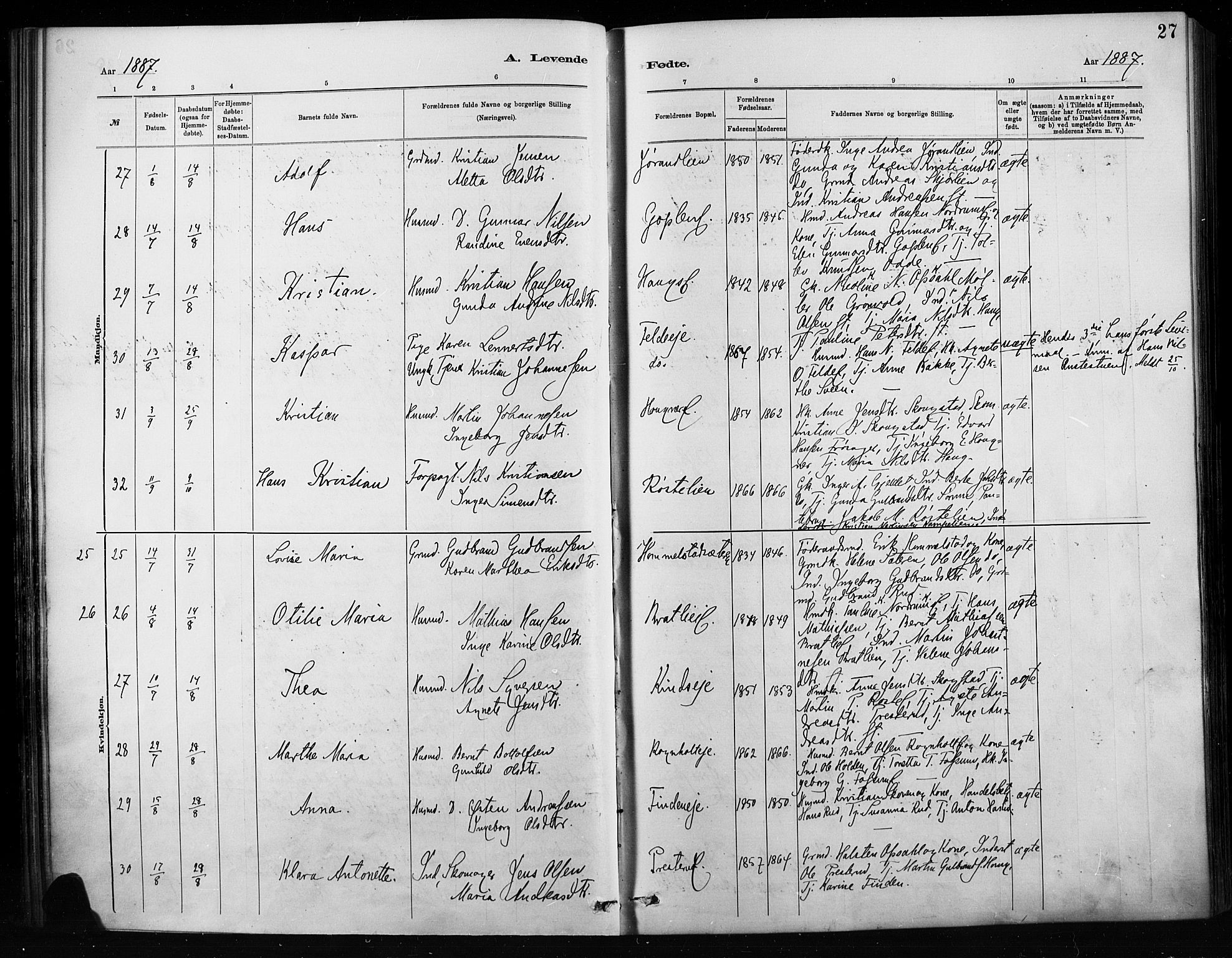 Nordre Land prestekontor, AV/SAH-PREST-124/H/Ha/Haa/L0004: Parish register (official) no. 4, 1882-1896, p. 27