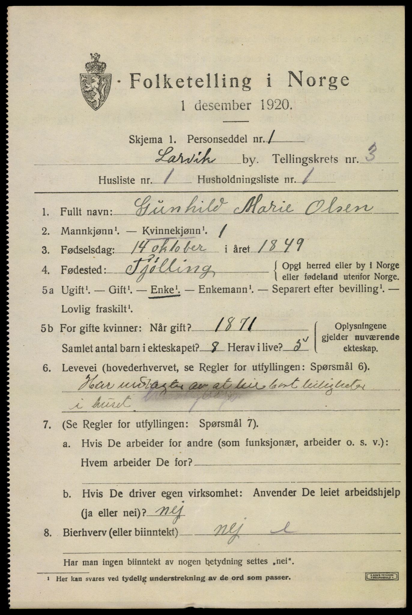 SAKO, 1920 census for Larvik, 1920, p. 12138