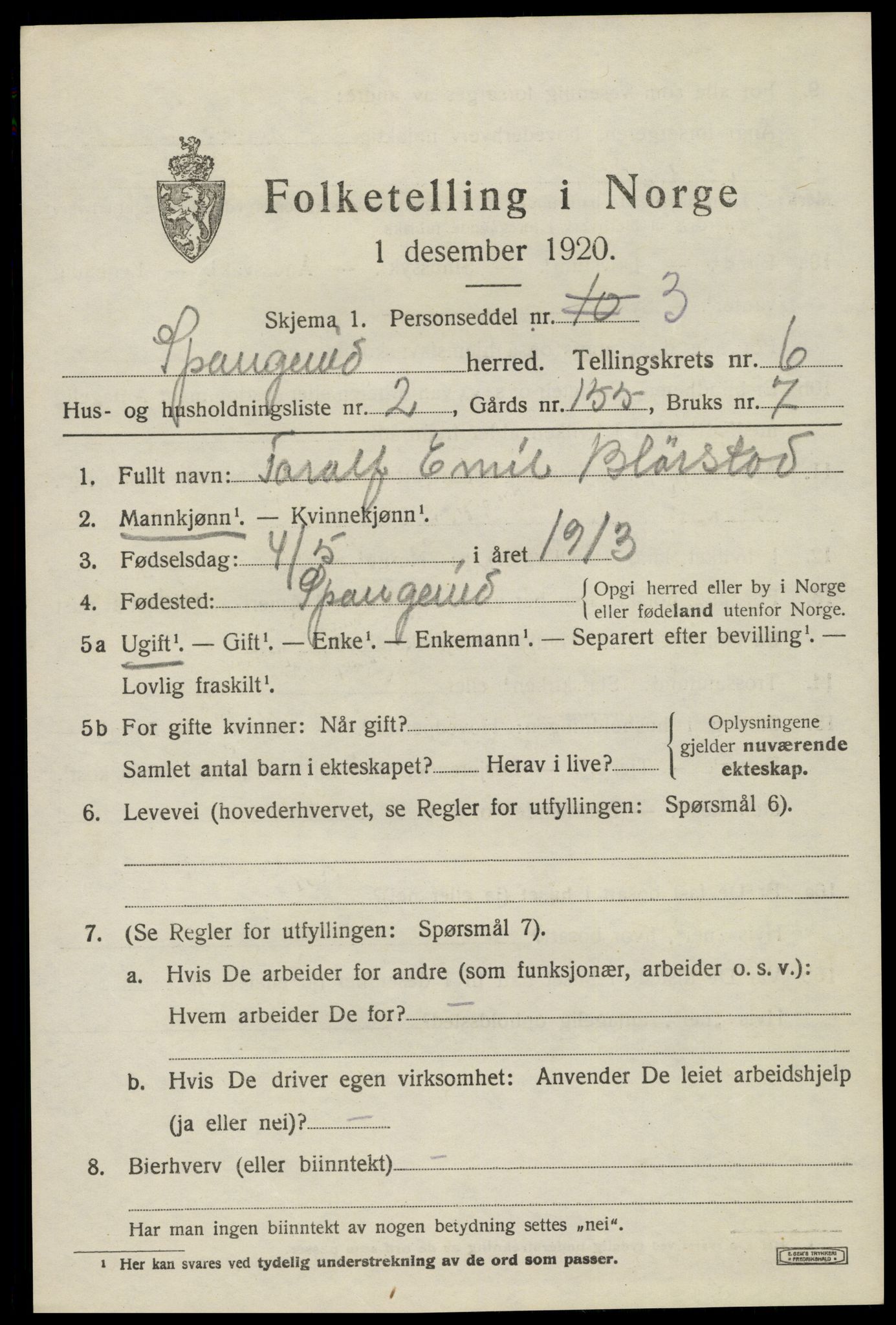 SAK, 1920 census for Spangereid, 1920, p. 2223