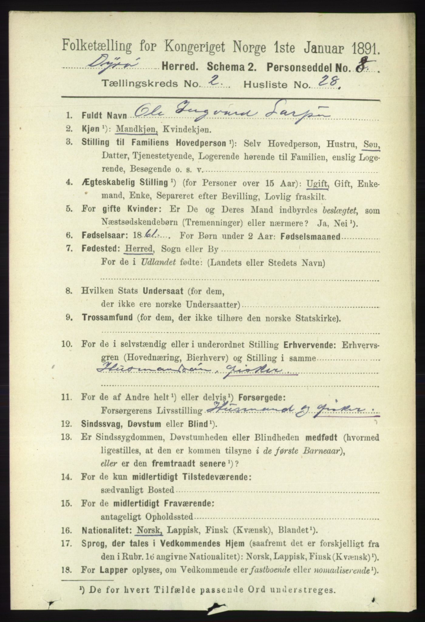 RA, 1891 census for 1926 Dyrøy, 1891, p. 732