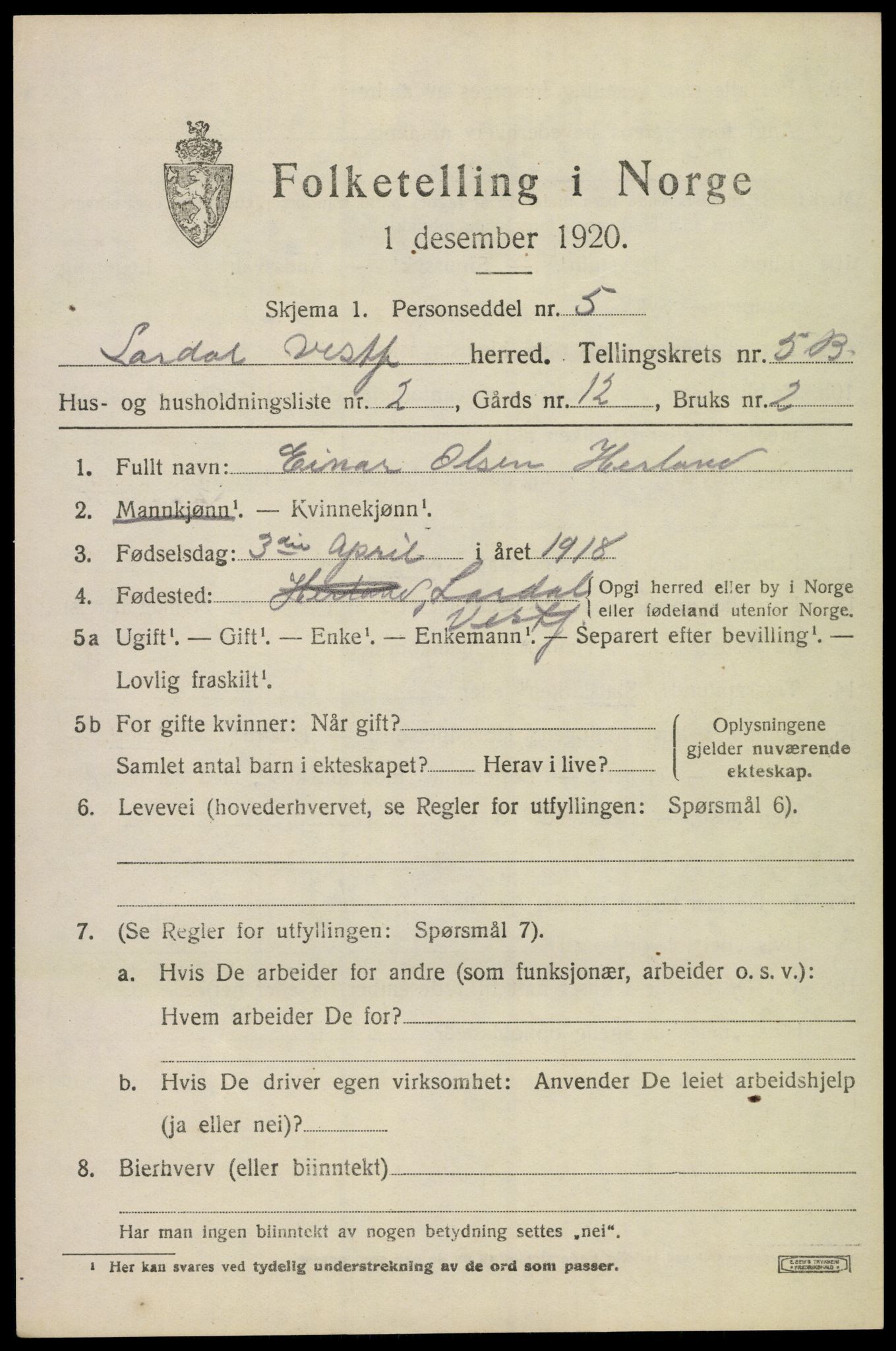 SAKO, 1920 census for Lardal, 1920, p. 5249