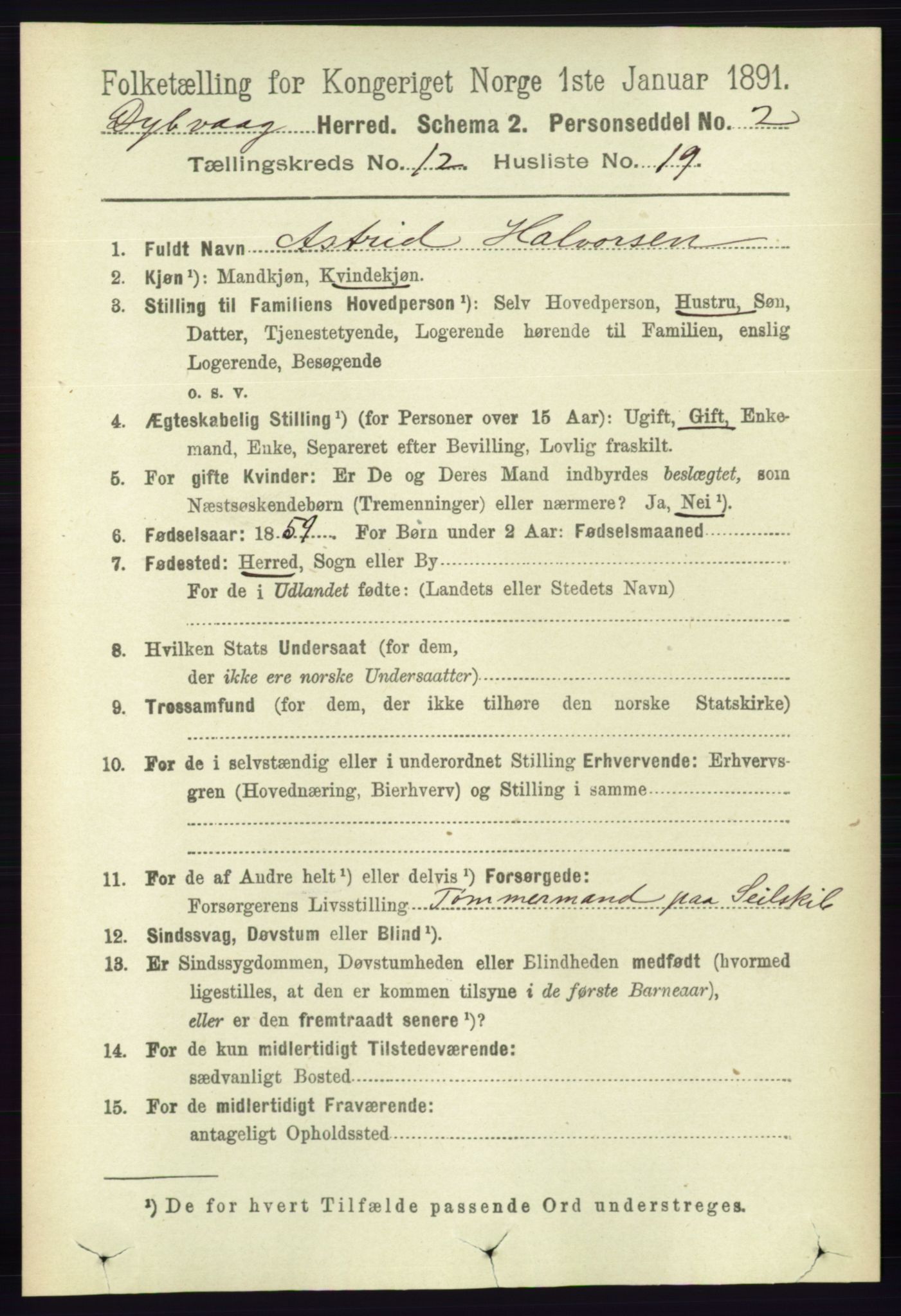 RA, 1891 census for 0915 Dypvåg, 1891, p. 4847