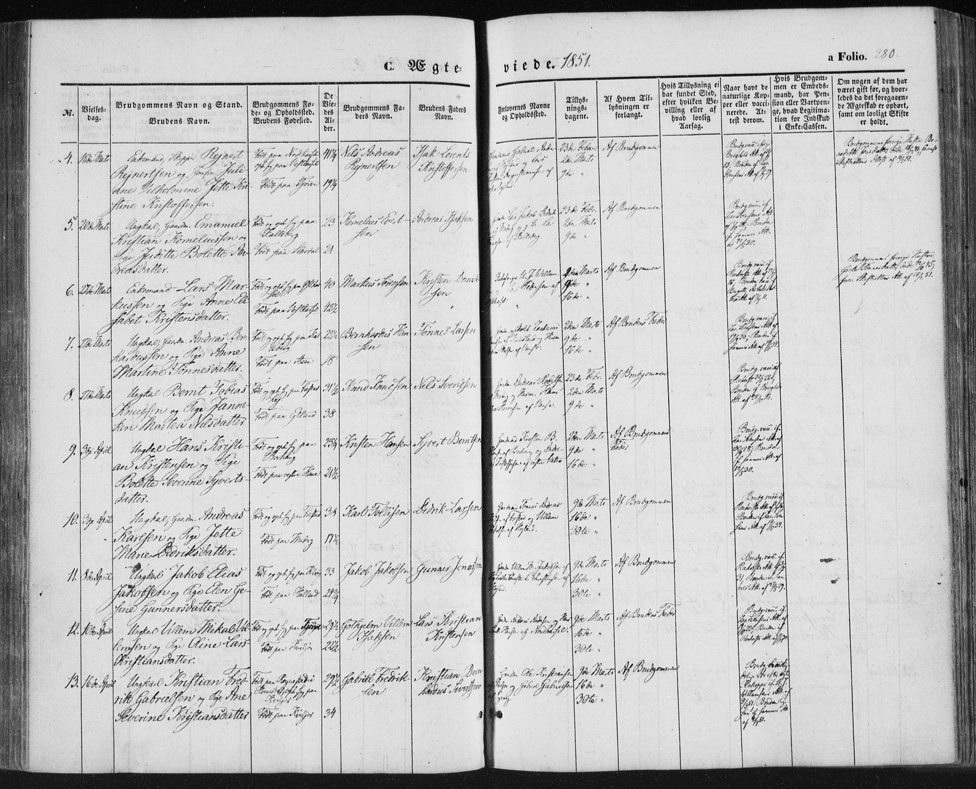 Lista sokneprestkontor, AV/SAK-1111-0027/F/Fa/L0010: Parish register (official) no. A 10, 1846-1861, p. 280