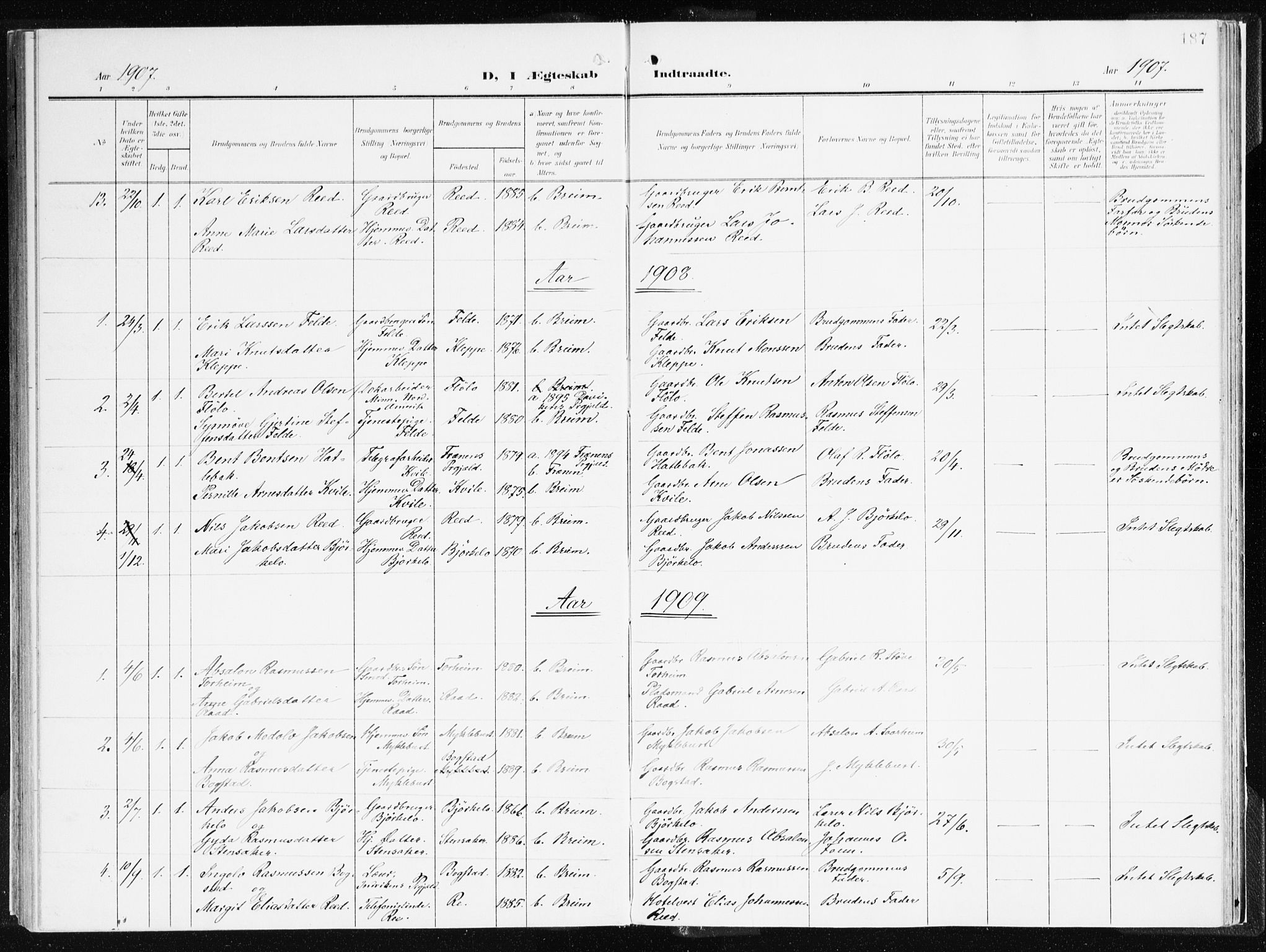 Gloppen sokneprestembete, SAB/A-80101/H/Haa/Haac/L0003: Parish register (official) no. C 3, 1904-1921, p. 187