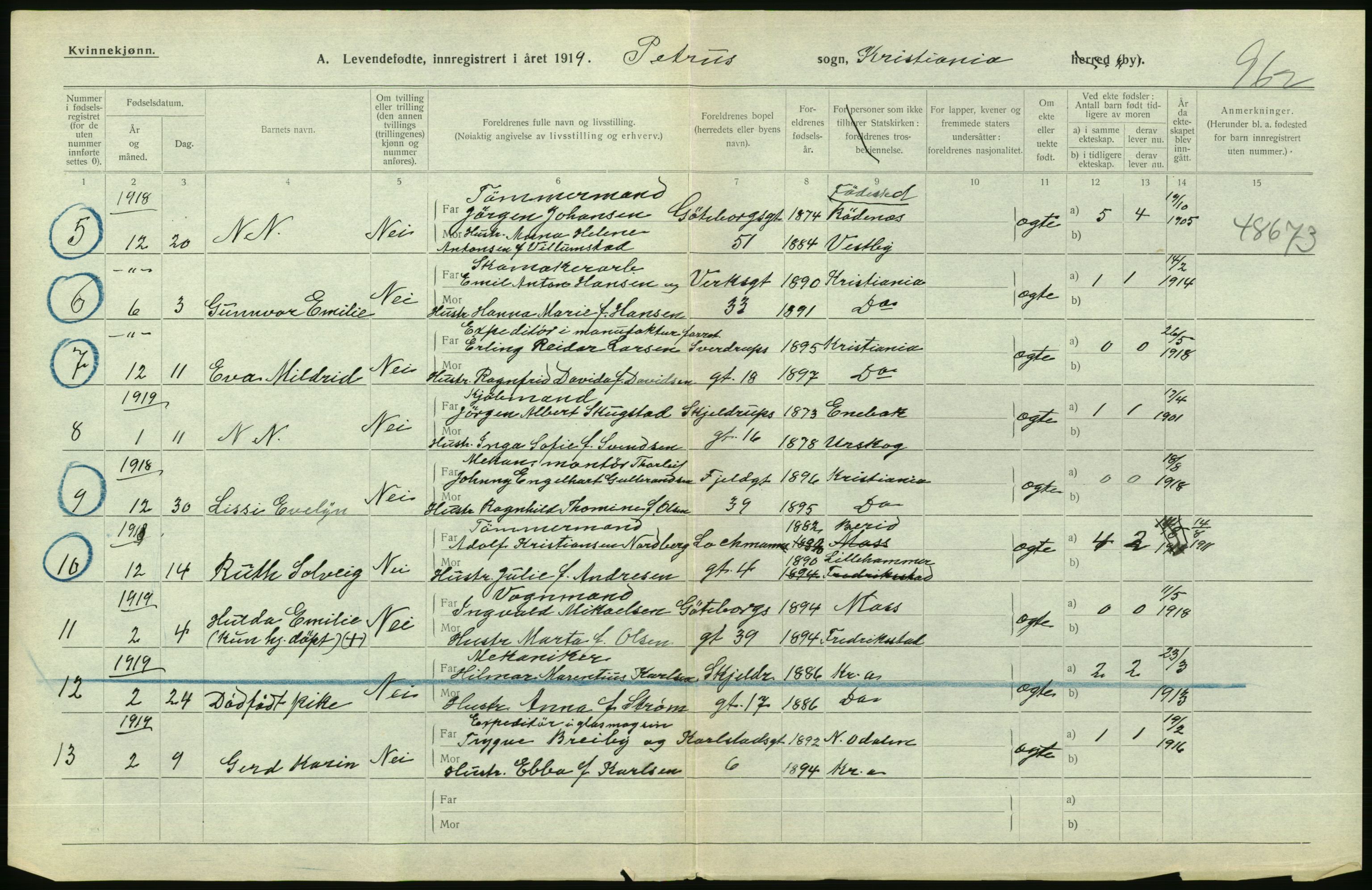 Statistisk sentralbyrå, Sosiodemografiske emner, Befolkning, AV/RA-S-2228/D/Df/Dfb/Dfbi/L0008: Kristiania: Levendefødte menn og kvinner., 1919