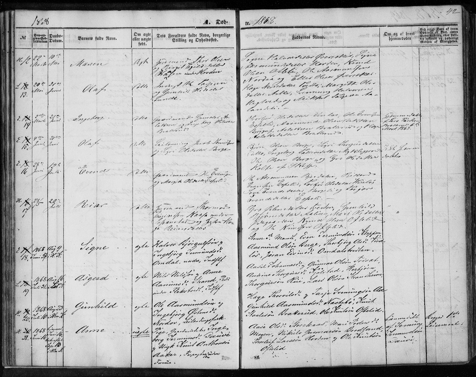 Lårdal kirkebøker, SAKO/A-284/F/Fa/L0006: Parish register (official) no. I 6, 1861-1886, p. 42