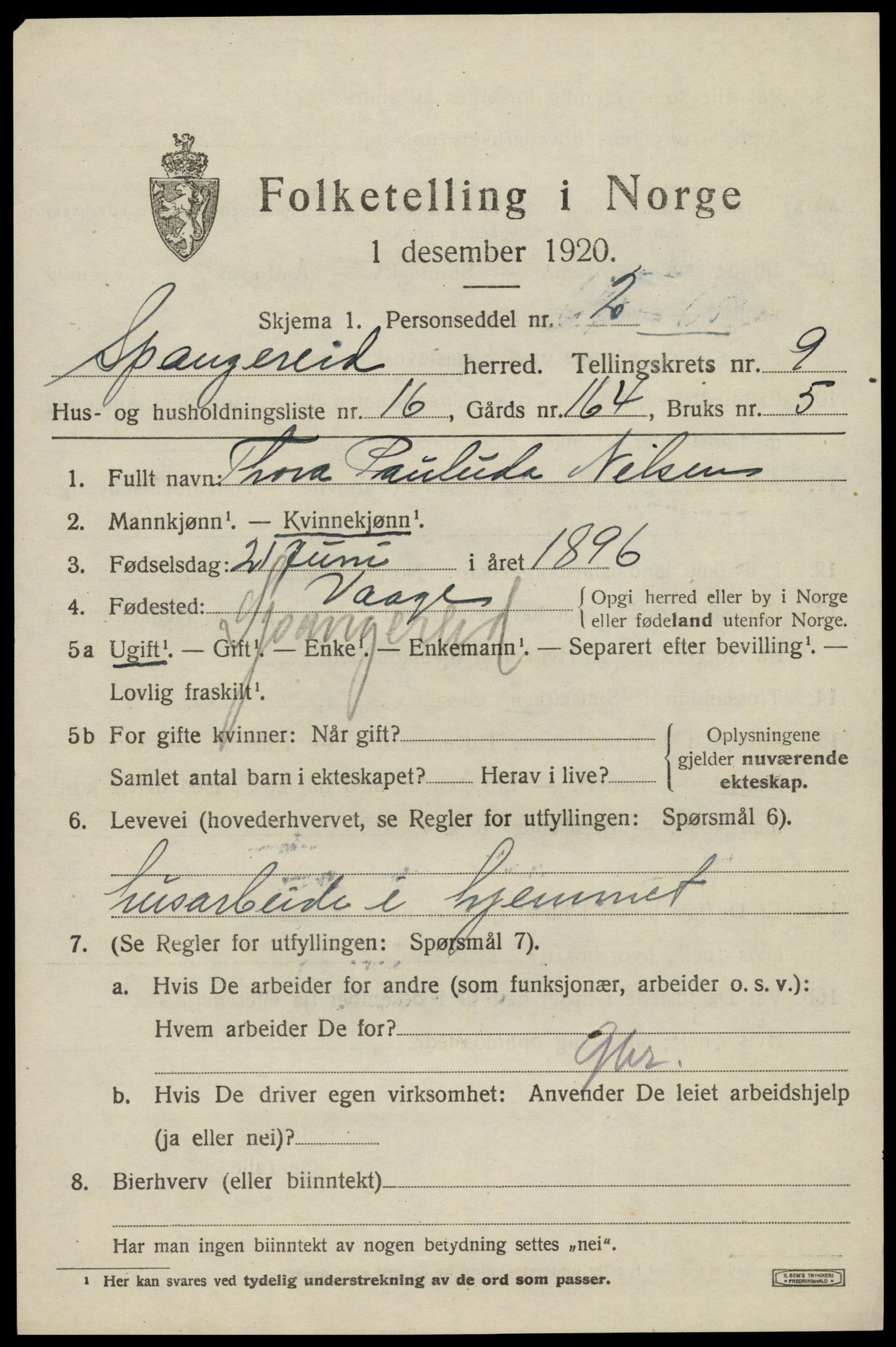 SAK, 1920 census for Spangereid, 1920, p. 3315