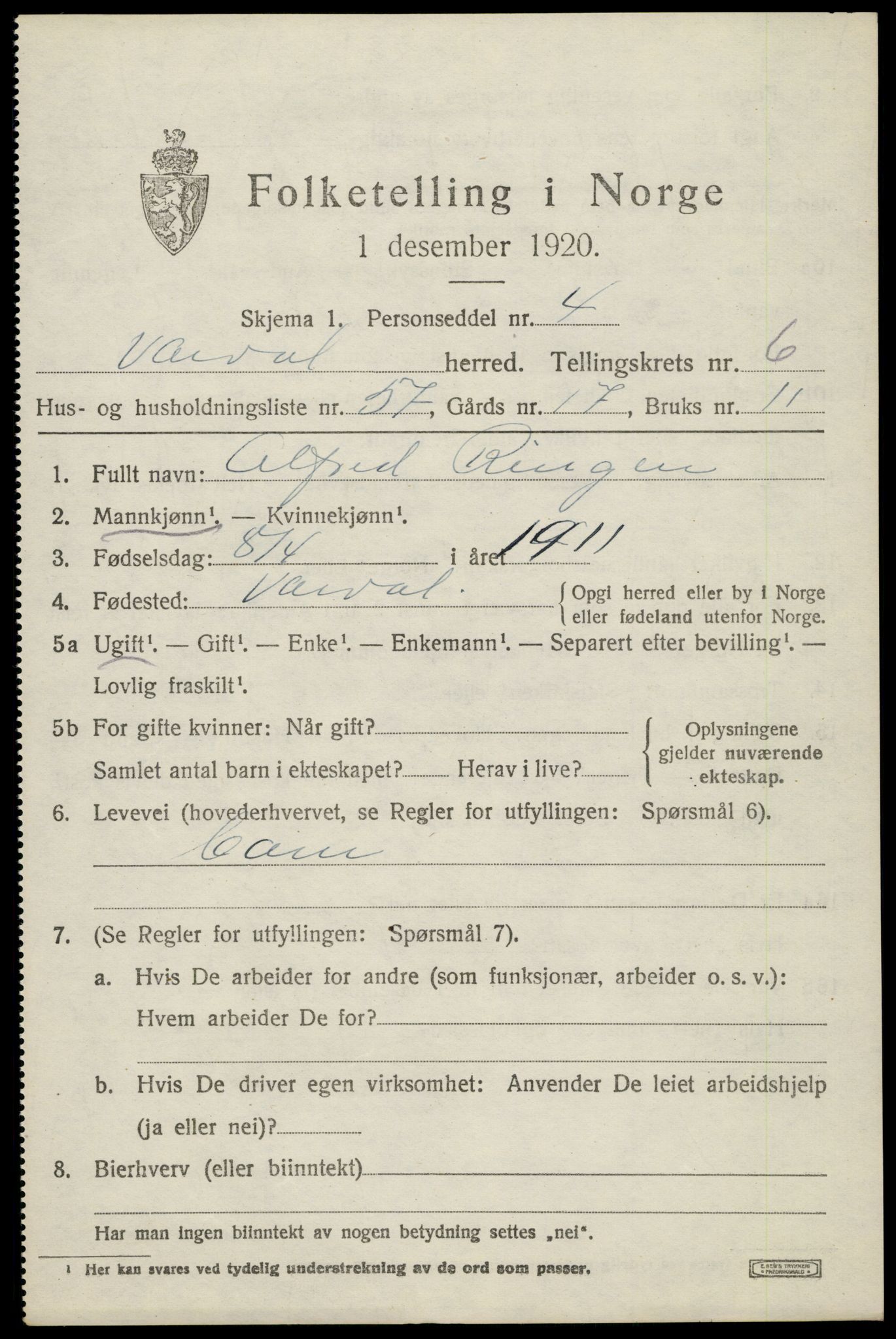 SAH, 1920 census for Vardal, 1920, p. 4533