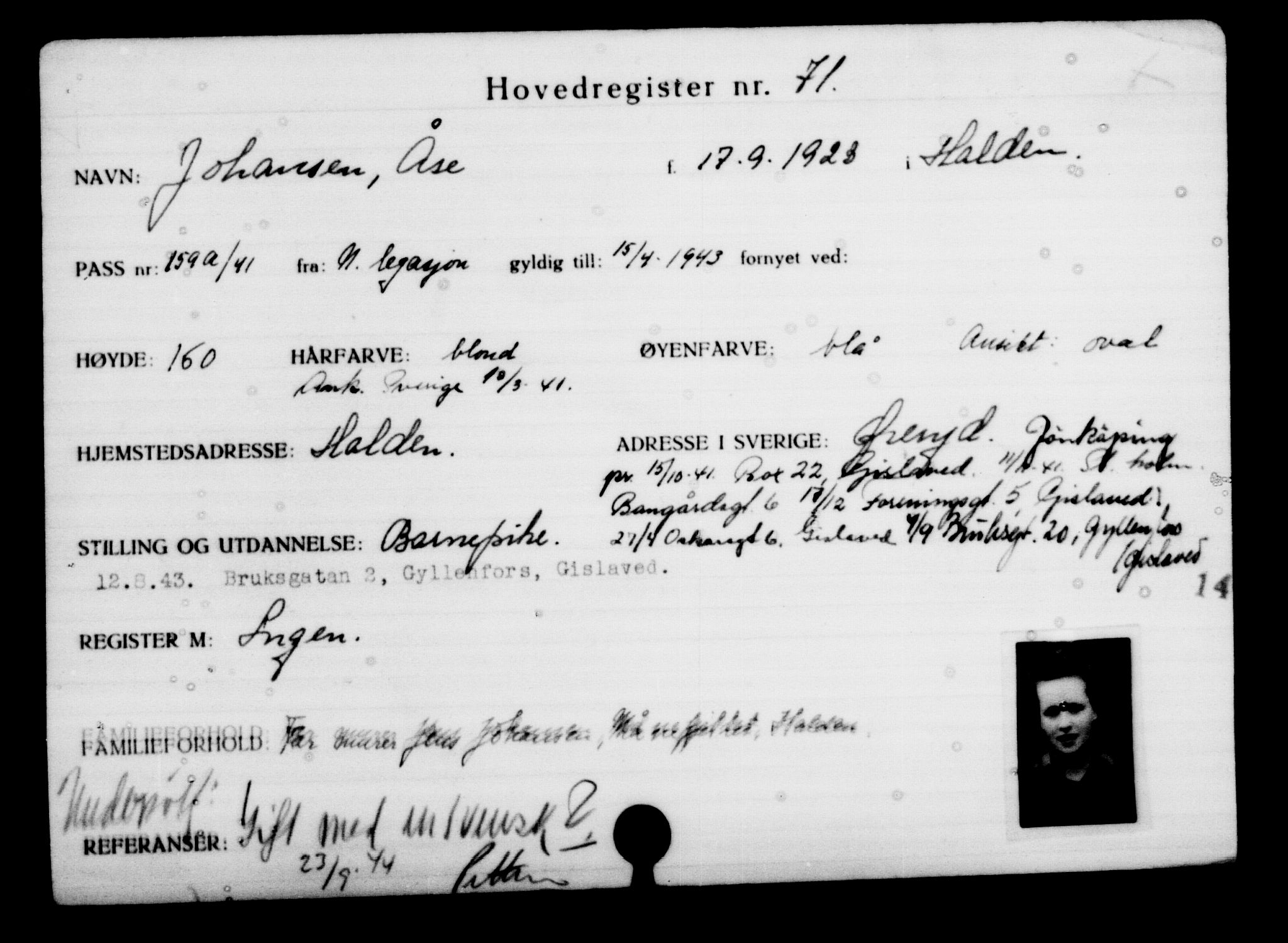 Utenriksstasjonene, Legasjonen i Stockholm, Flyktningkontoret, AV/RA-S-6753/V/Va/L0001: Kjesäterkartoteket, flyktninger med registreringsnr. 1-1000, 1940-1945, p. 123