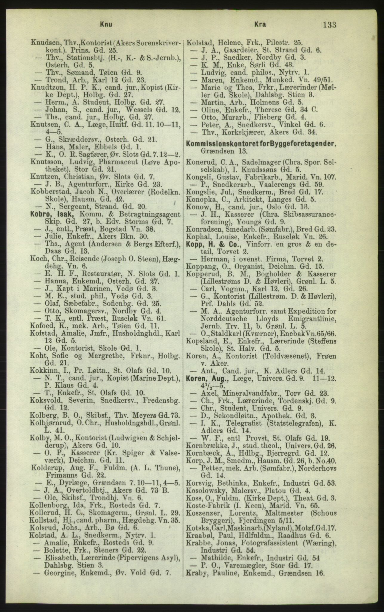 Kristiania/Oslo adressebok, PUBL/-, 1882, p. 133
