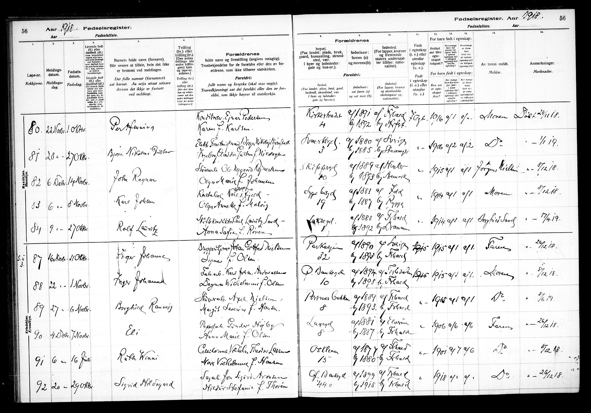 Halden prestekontor Kirkebøker, AV/SAO-A-10909/J/Ja/L0001: Birth register no. I 1, 1916-1925, p. 56