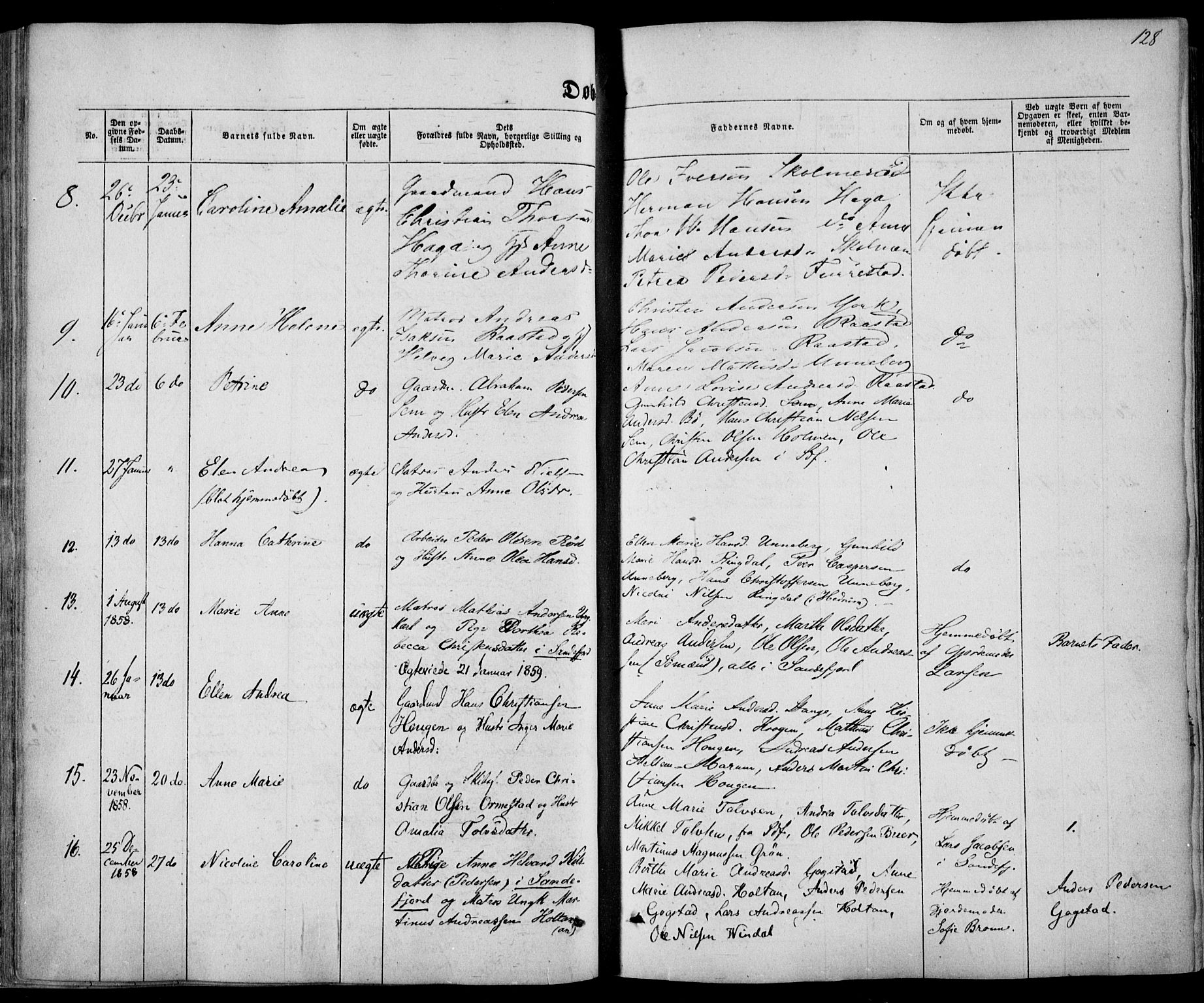 Sandar kirkebøker, SAKO/A-243/F/Fa/L0007: Parish register (official) no. 7, 1855-1861, p. 128