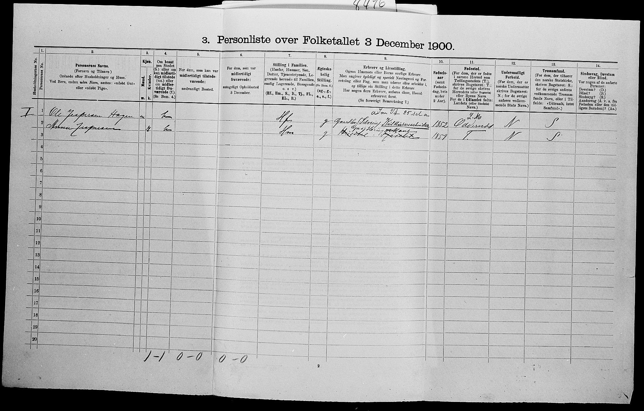 SAK, 1900 census for Søgne, 1900, p. 1263