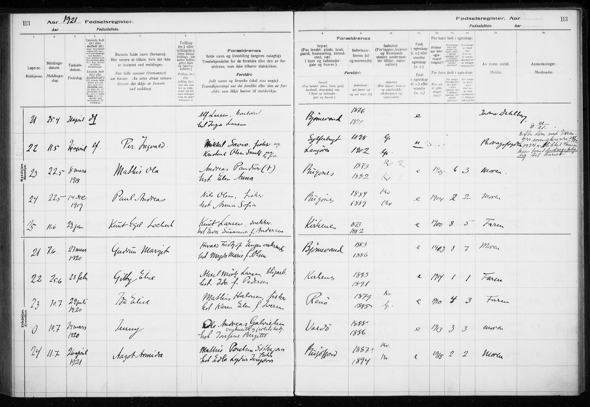 Sør-Varanger sokneprestkontor, AV/SATØ-S-1331/I/Ia/L0016: Birth register no. 16, 1915-1925, p. 113